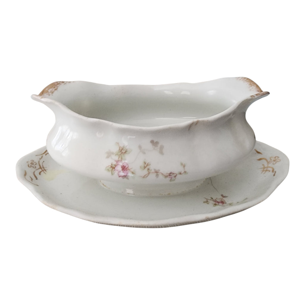 Antique Syracuse China Purple Floral Sprigs & Embossed  Gravy Boat with Attached Underplate