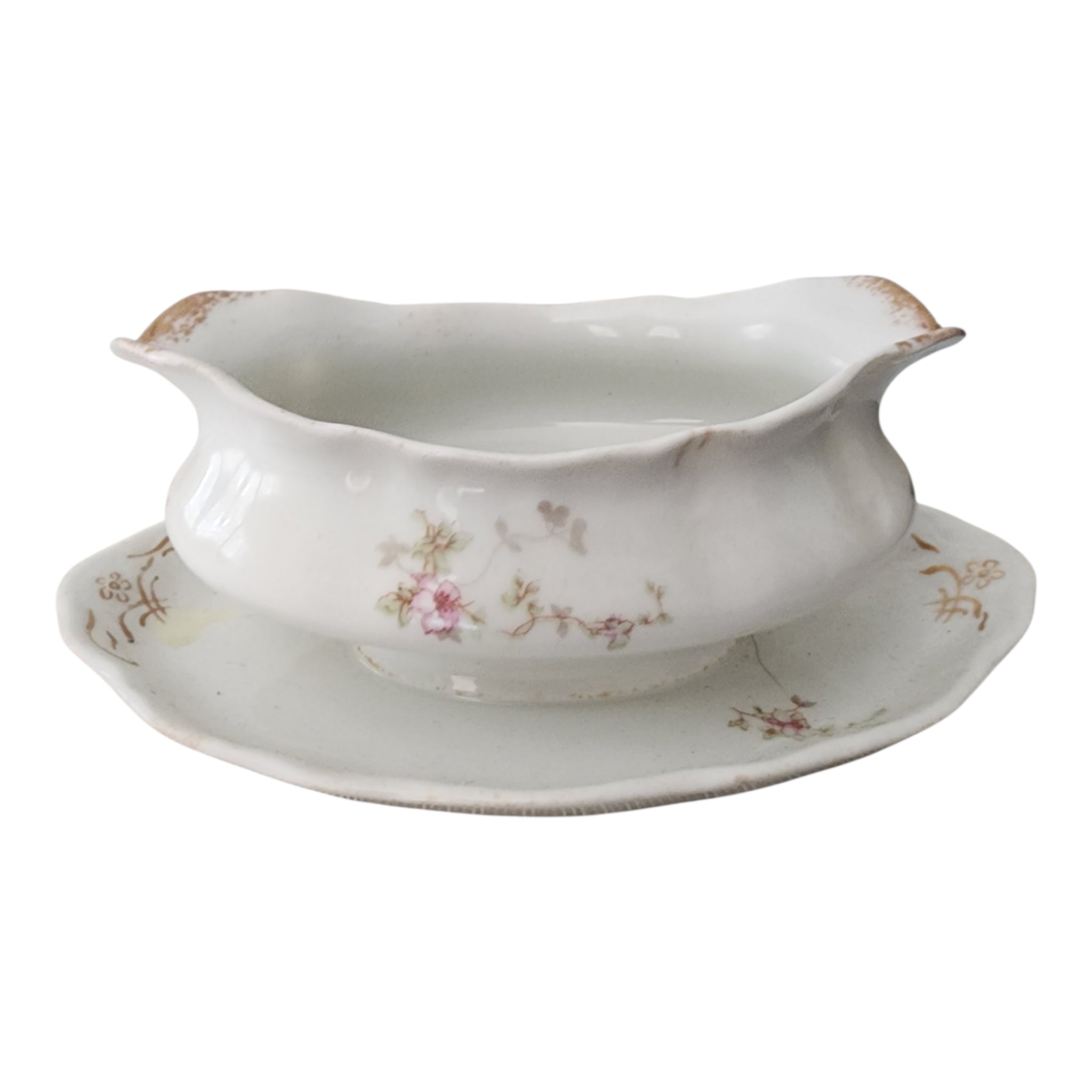 Antique Syracuse China Purple Floral Sprigs & Embossed  Gravy Boat with Attached Underplate