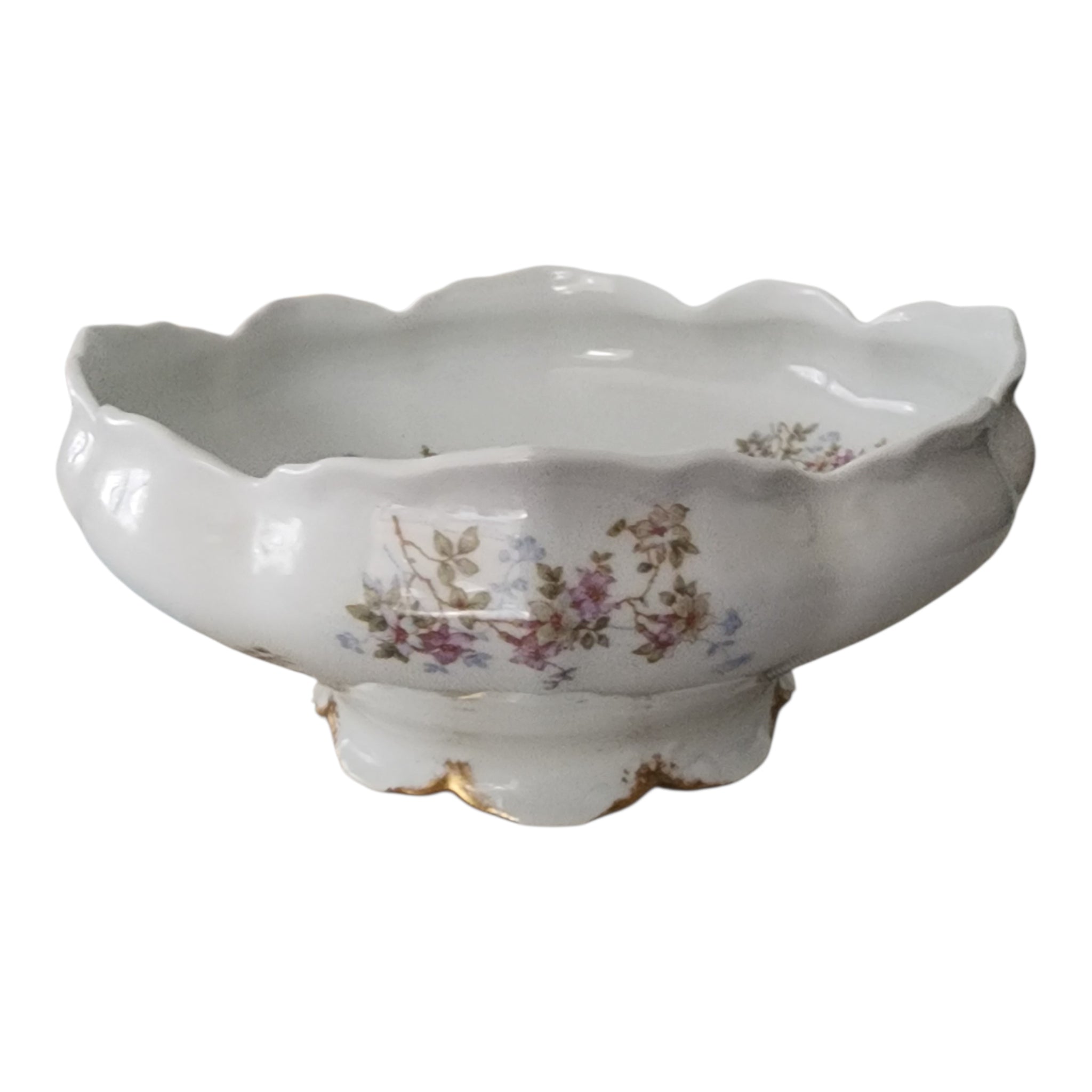 Antique Syracuse China Purple Floral Sprigs & Embossed Large Fruit Bowl