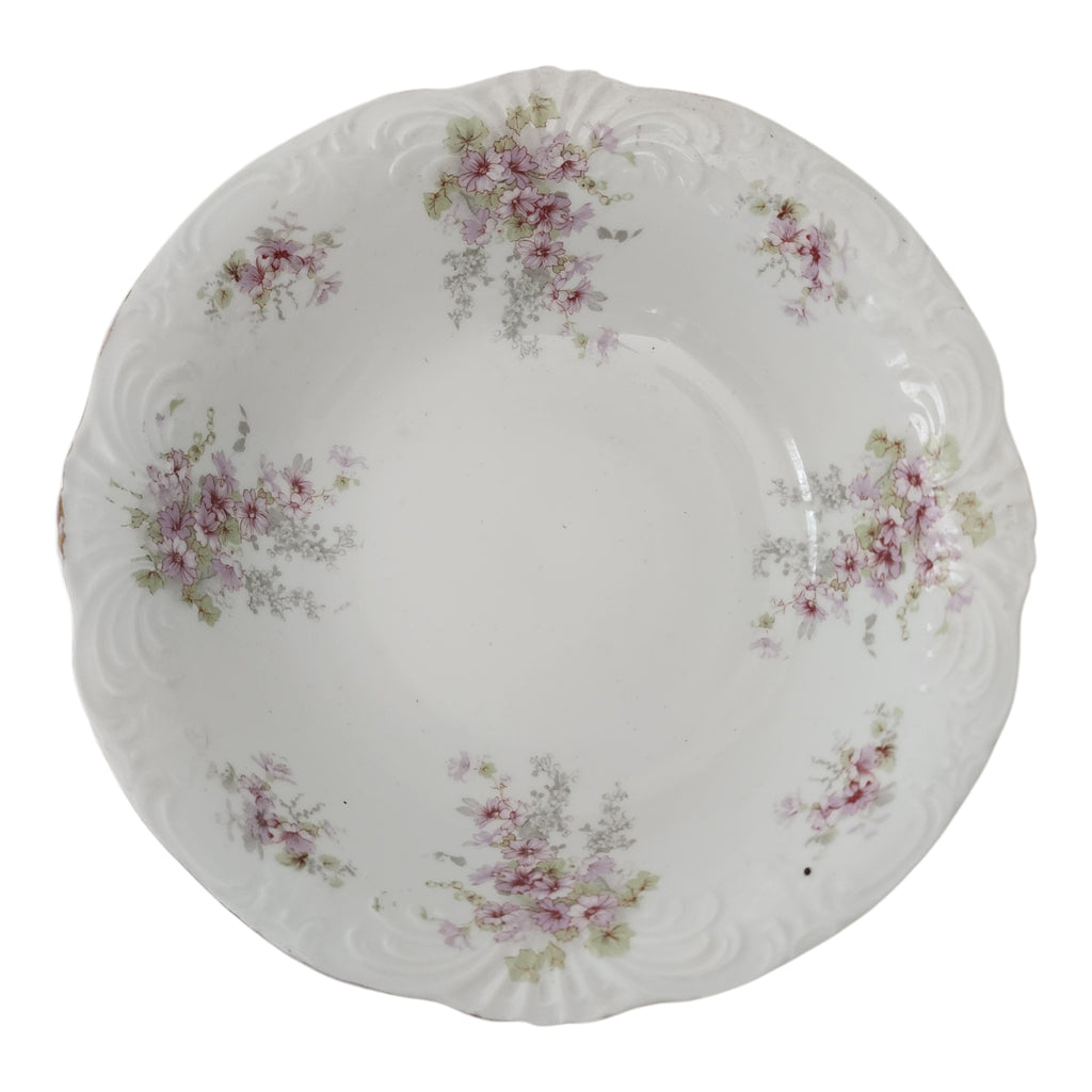 Antique Syracuse China Purple Floral Sprigs & Embossed Round Vegetable Bowl