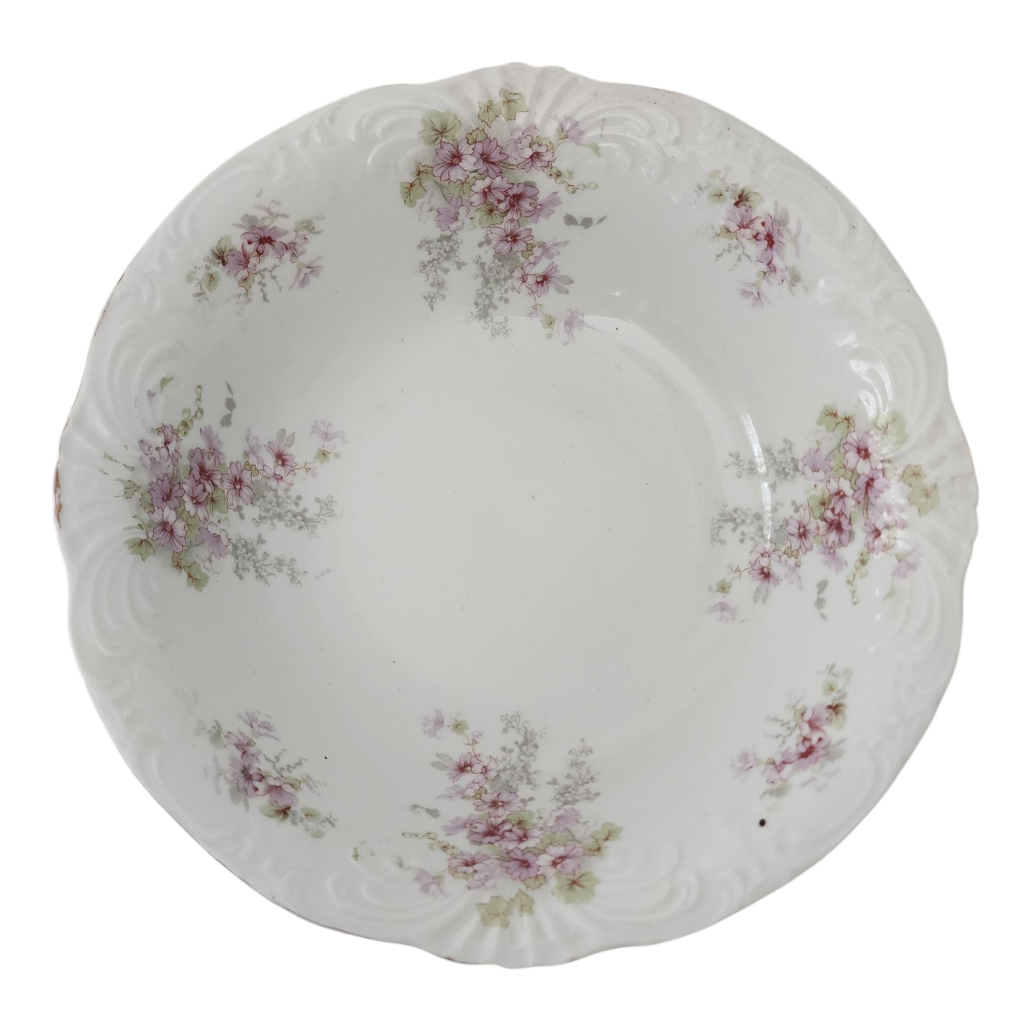Antique Syracuse China Purple Floral Sprigs & Embossed Round Vegetable Bowl