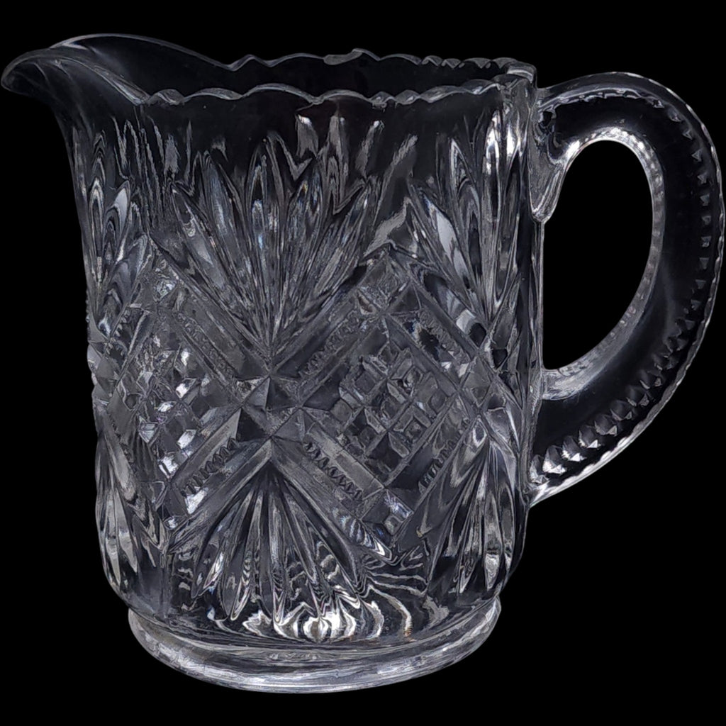 Antique U.S. Glass Diamond & Sunburst Zipper Clear EAPG Small Pitcher