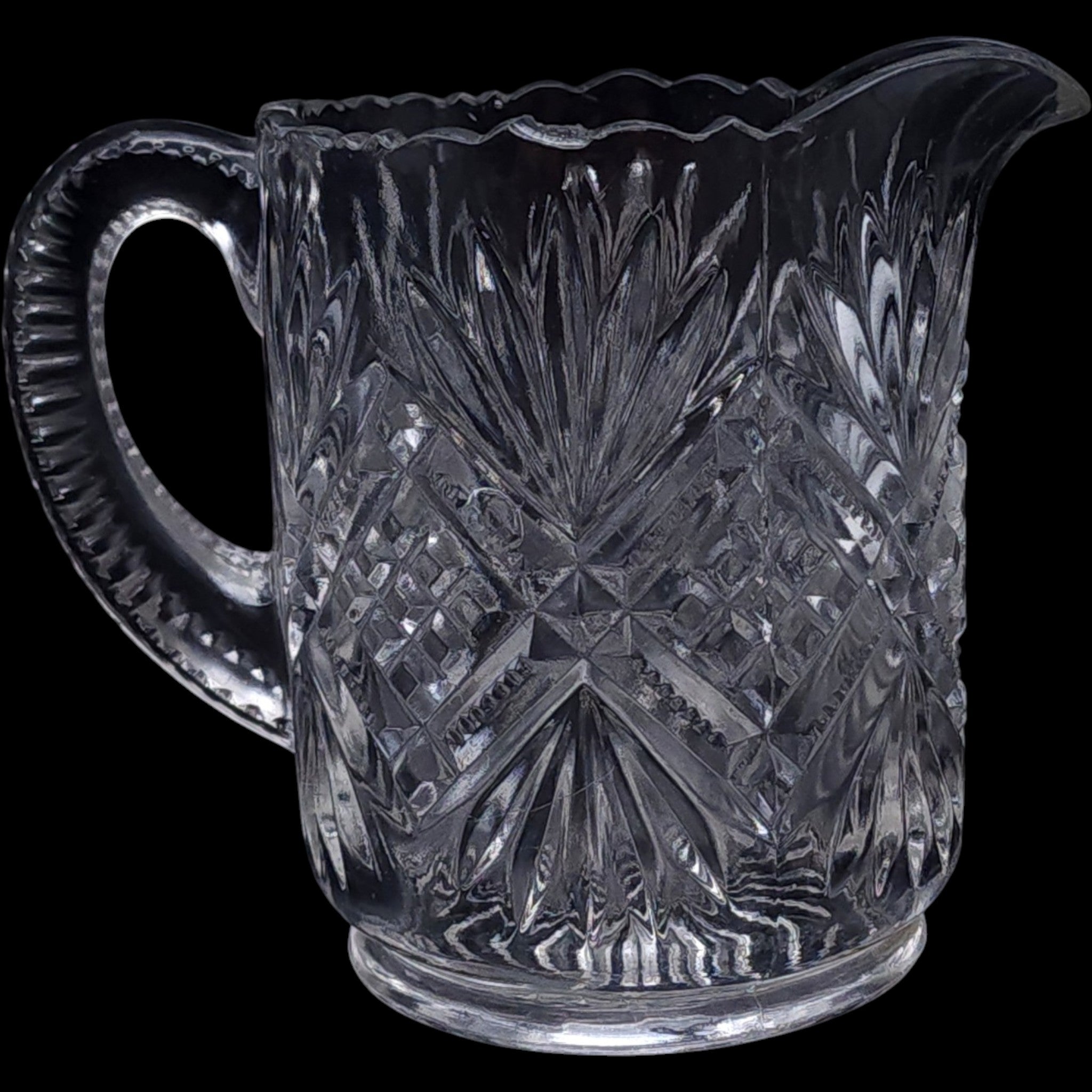 Antique U.S. Glass Diamond & Sunburst Zipper Clear EAPG Small Pitcher