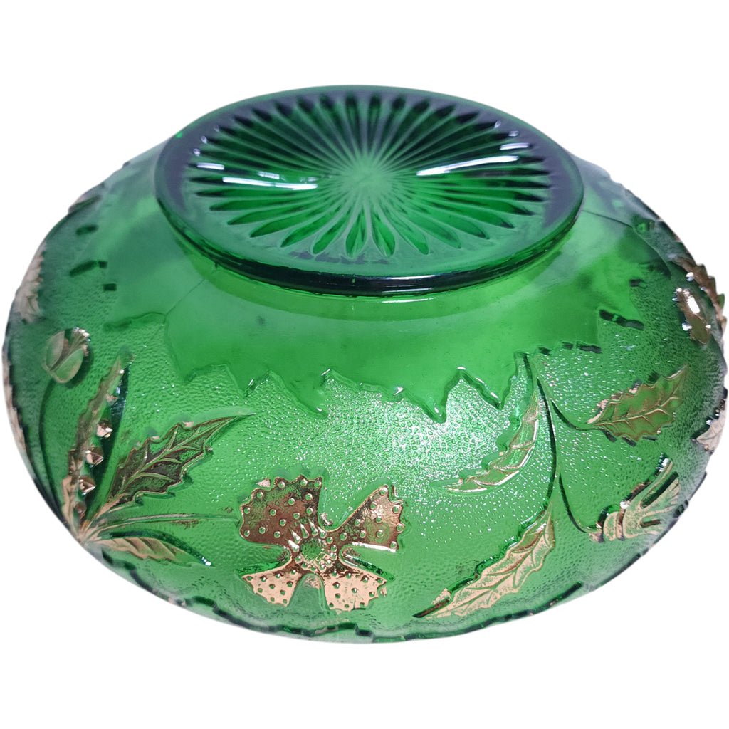 Antique U.S. Glass Emerald Green Holly & Dogwood Gilt Bowl