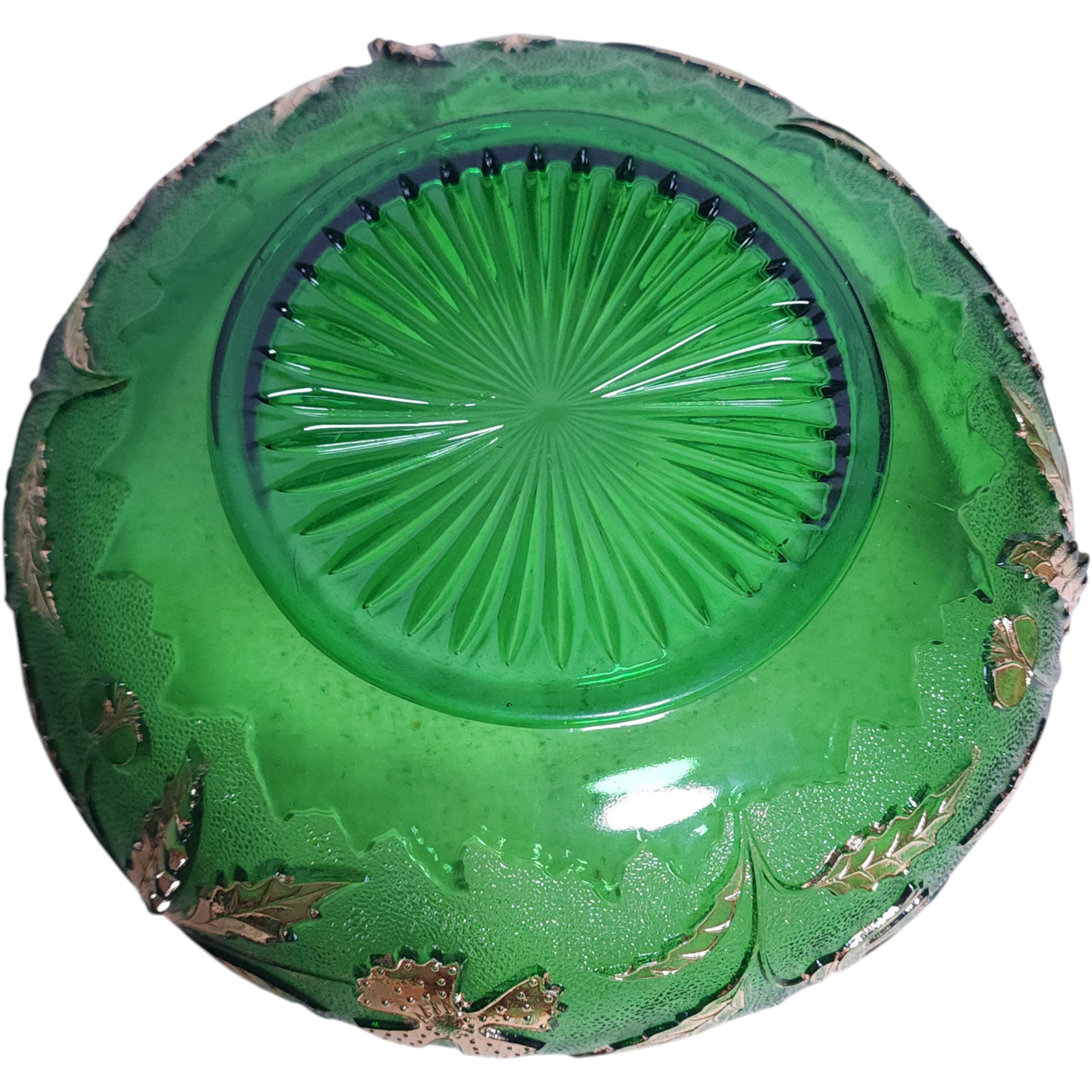 Antique U.S. Glass Emerald Green Holly & Dogwood Gilt Bowl