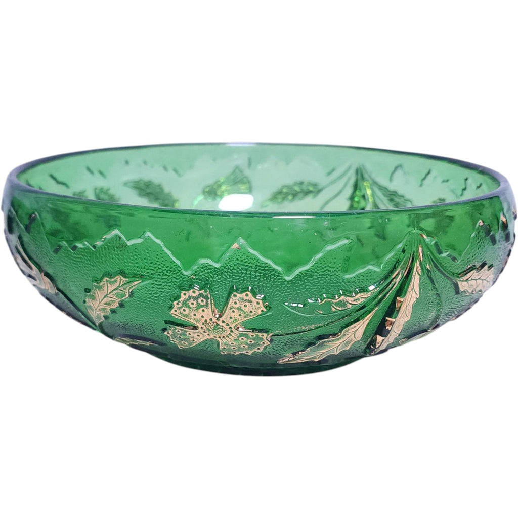 Antique U.S. Glass Emerald Green Holly & Dogwood Gilt Bowl