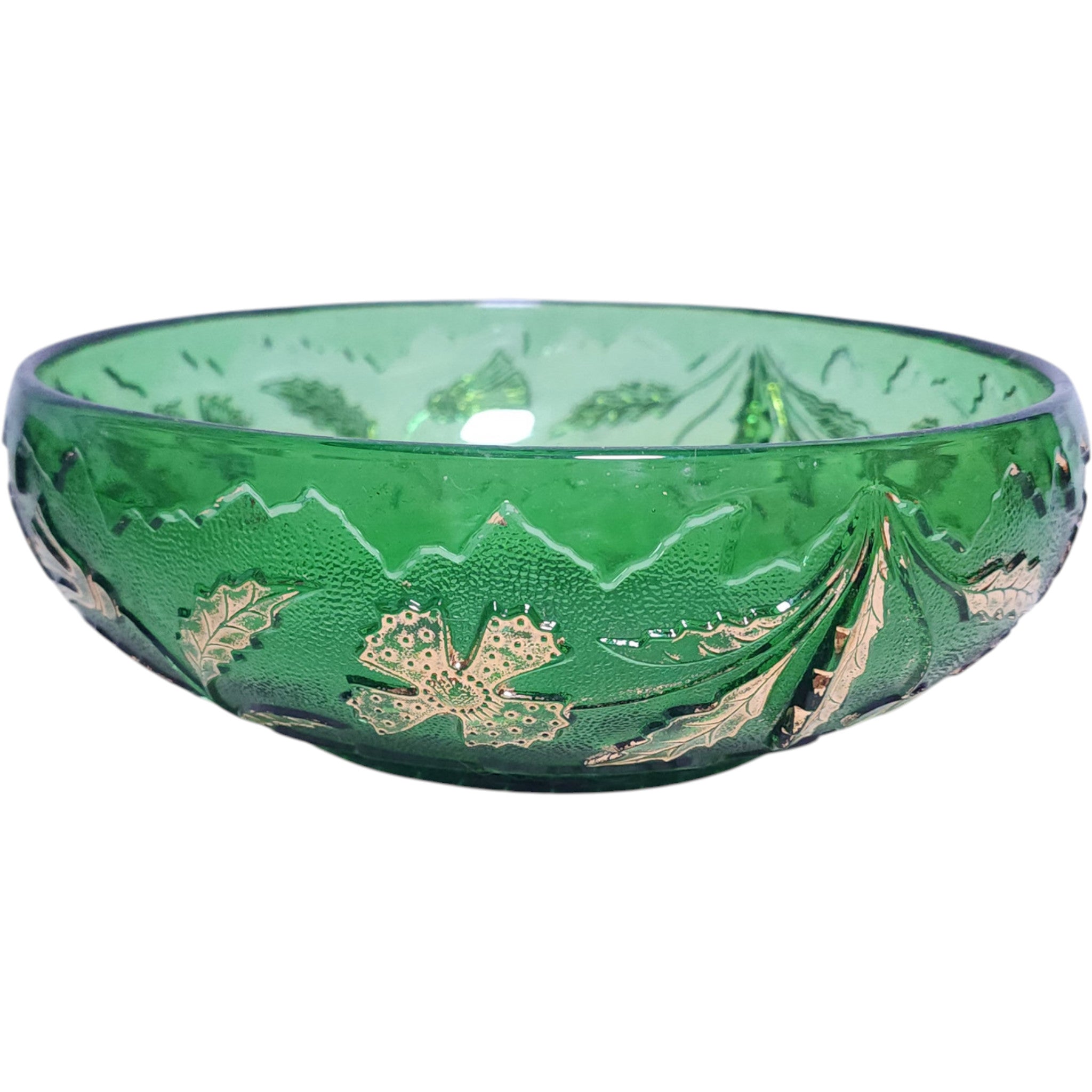 Antique U.S. Glass Emerald Green Holly & Dogwood Gilt Bowl