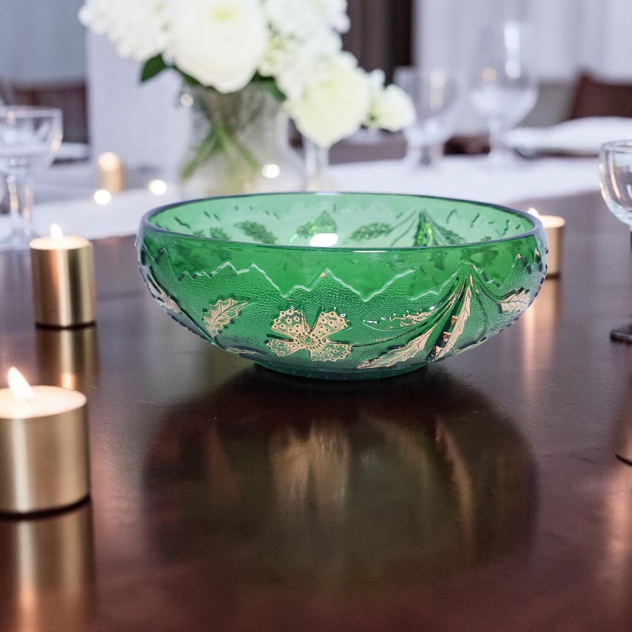 Antique U.S. Glass Emerald Green Holly & Dogwood Gilt Bowl