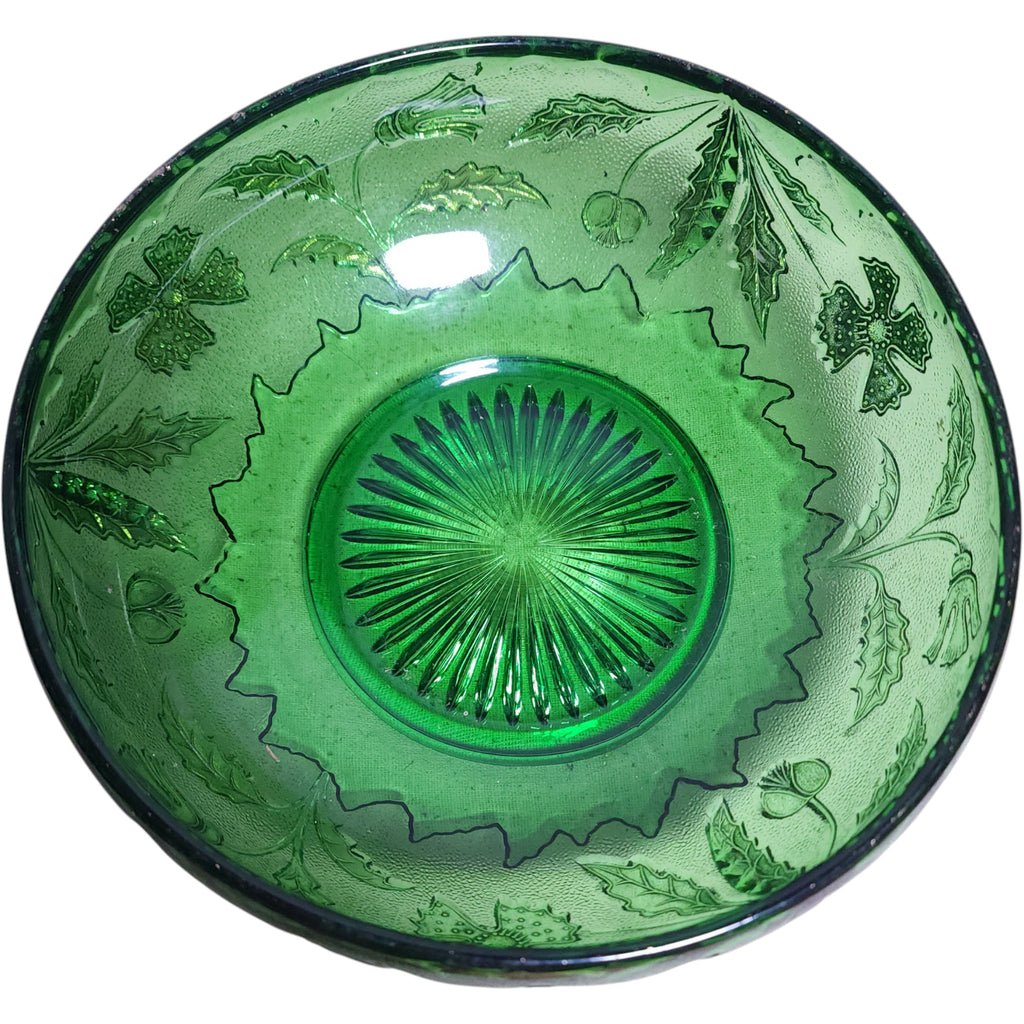 Antique U.S. Glass Emerald Green Holly & Dogwood Gilt Bowl