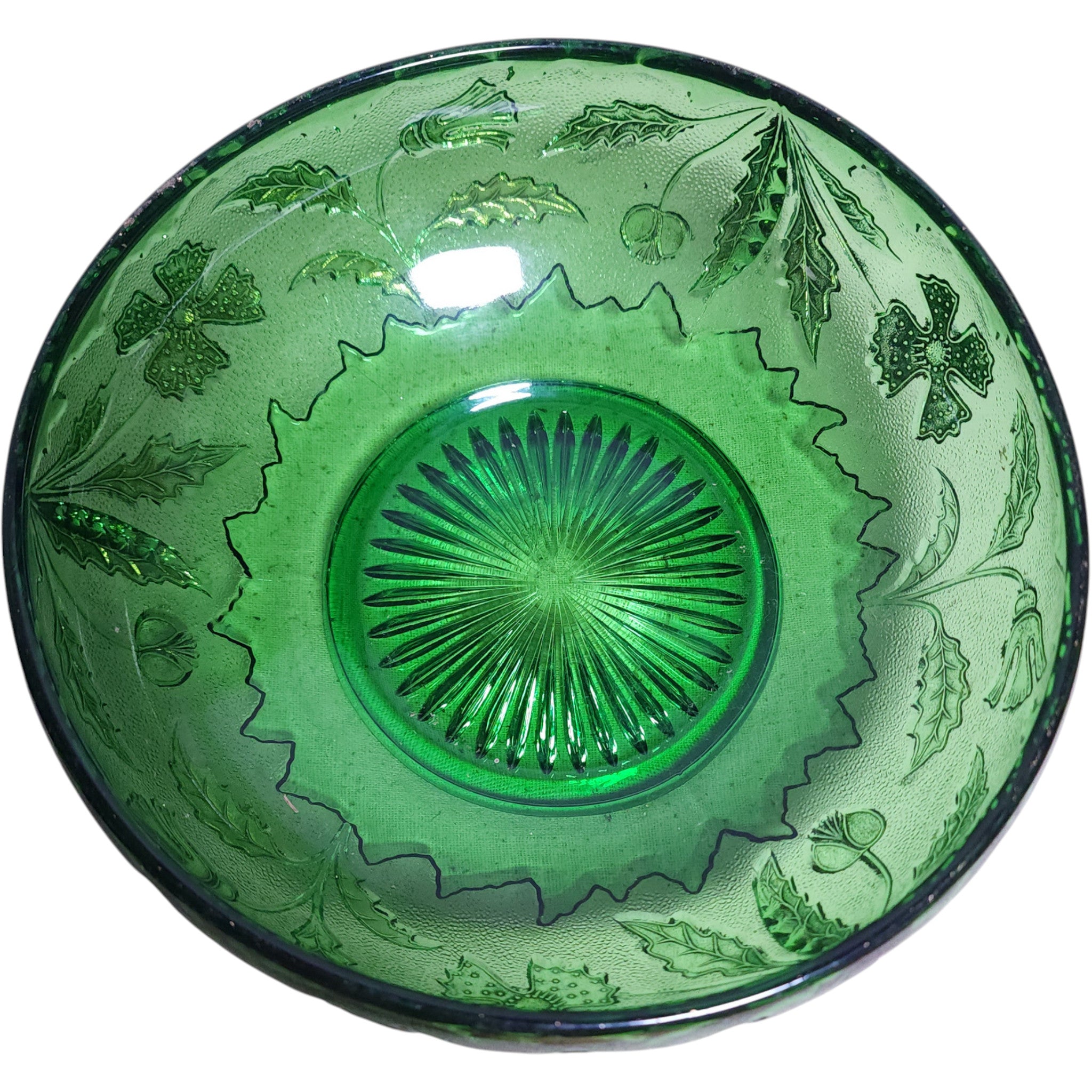 Antique U.S. Glass Emerald Green Holly & Dogwood Gilt Bowl