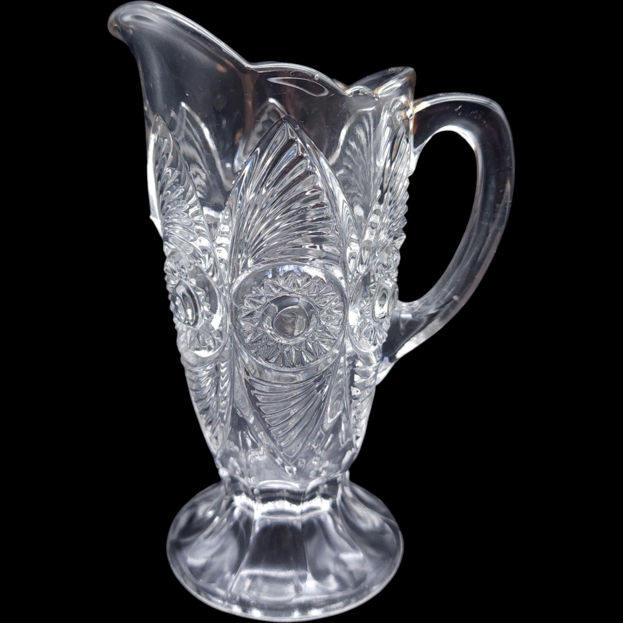 Antique US Glass Bullseye and Fan Clear Glass Footed Creamer