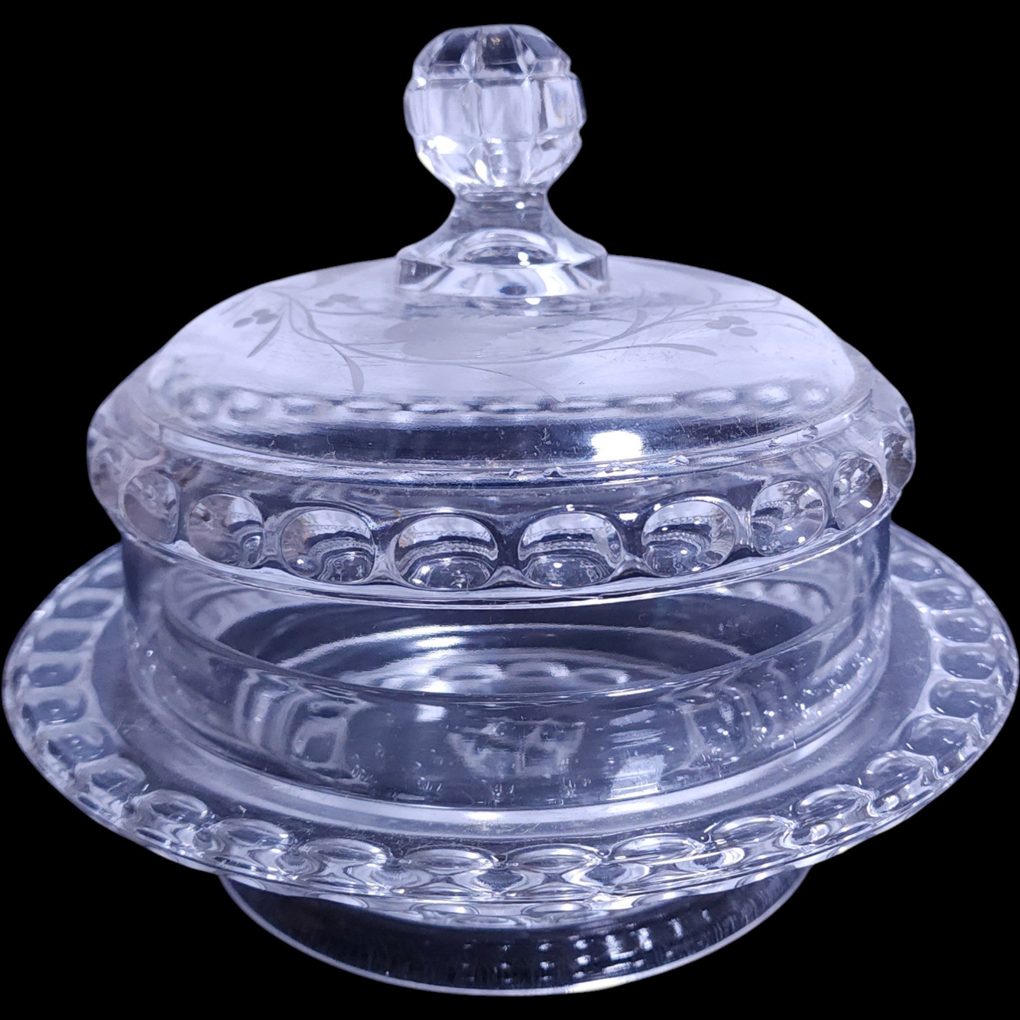 Antique US Glass Dakota Pattern Covered Butter Dish with Cut Fern & Berries