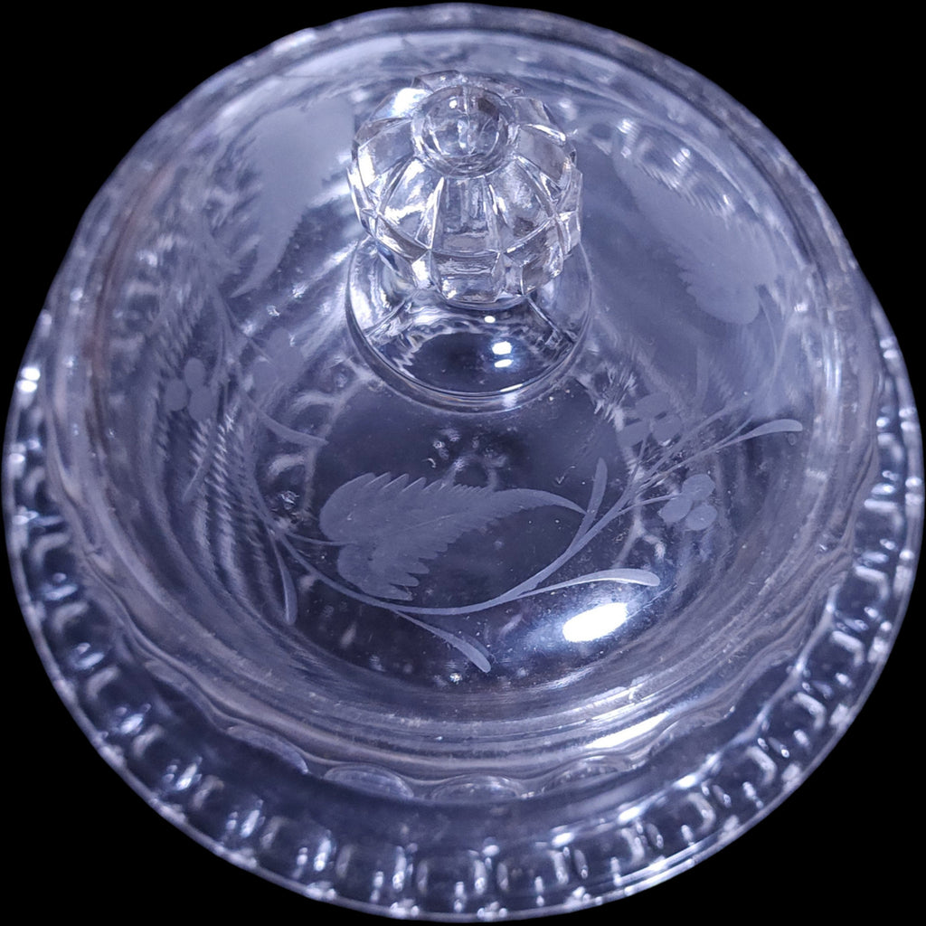 Antique US Glass Dakota Pattern Covered Butter Dish with Cut Fern & Berries