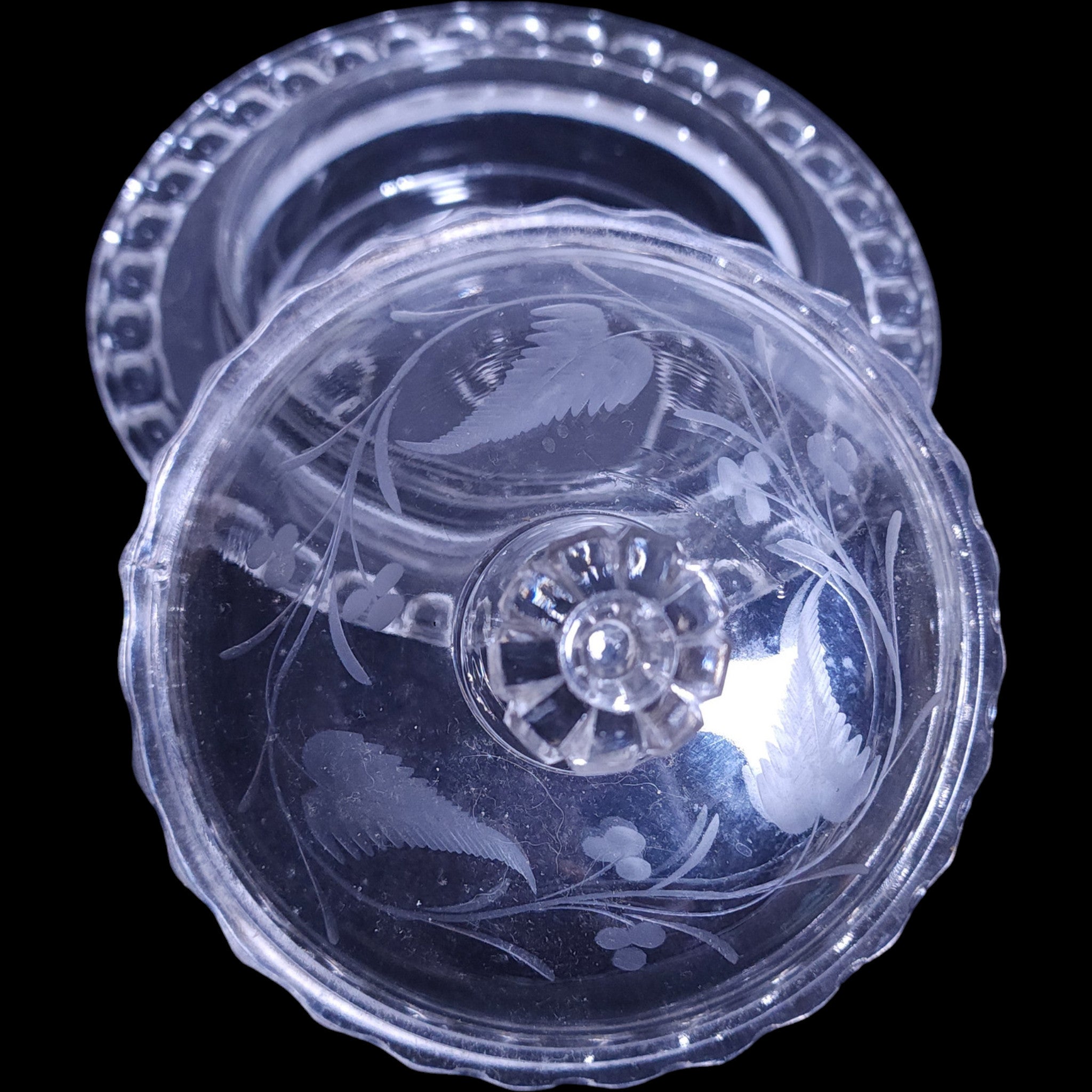 Antique US Glass Dakota Pattern Covered Butter Dish with Cut Fern & Berries