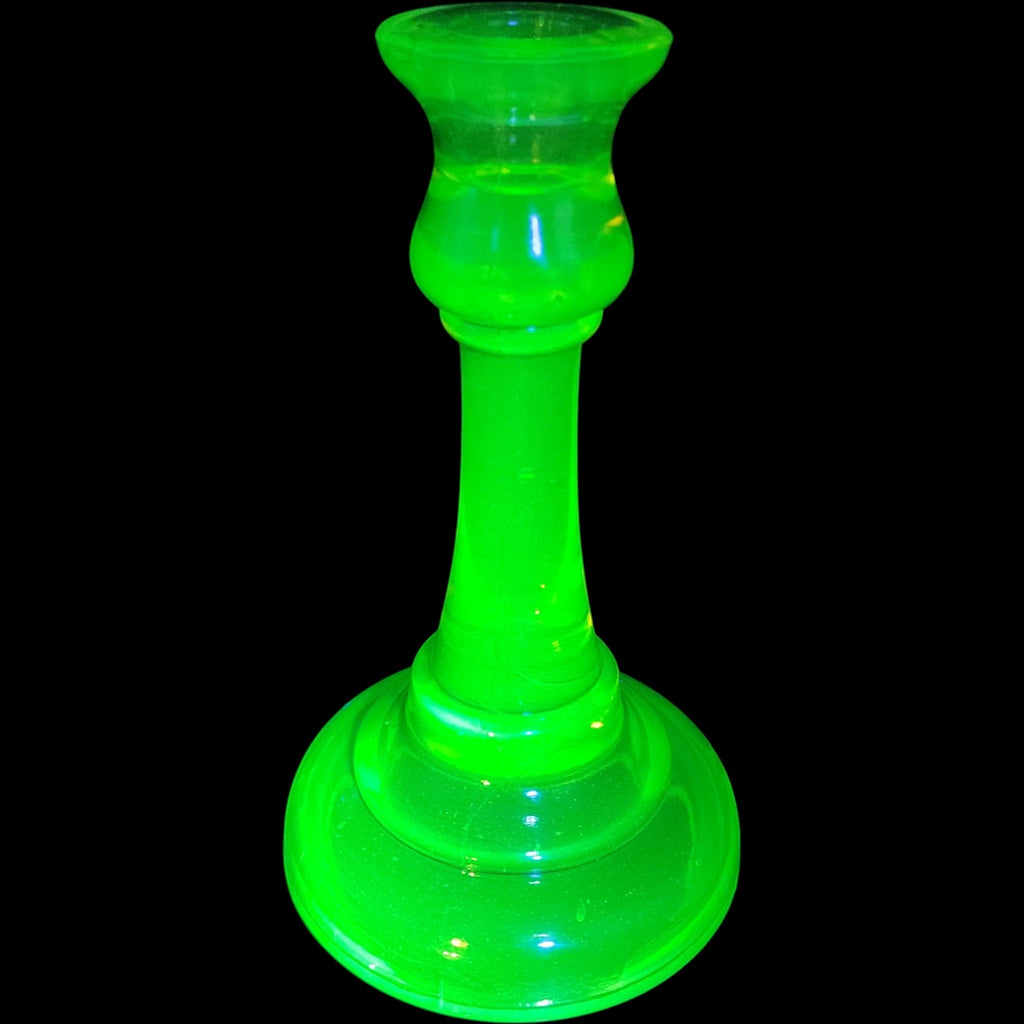 Antique US Glass Vaseline Yellow Uranium Glass Taper Candlestick Holder