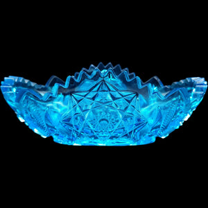 Antique Vibrant Blue Cut Glass Oval Bowl Pinwheel & Hobstar Sawtooth Dish