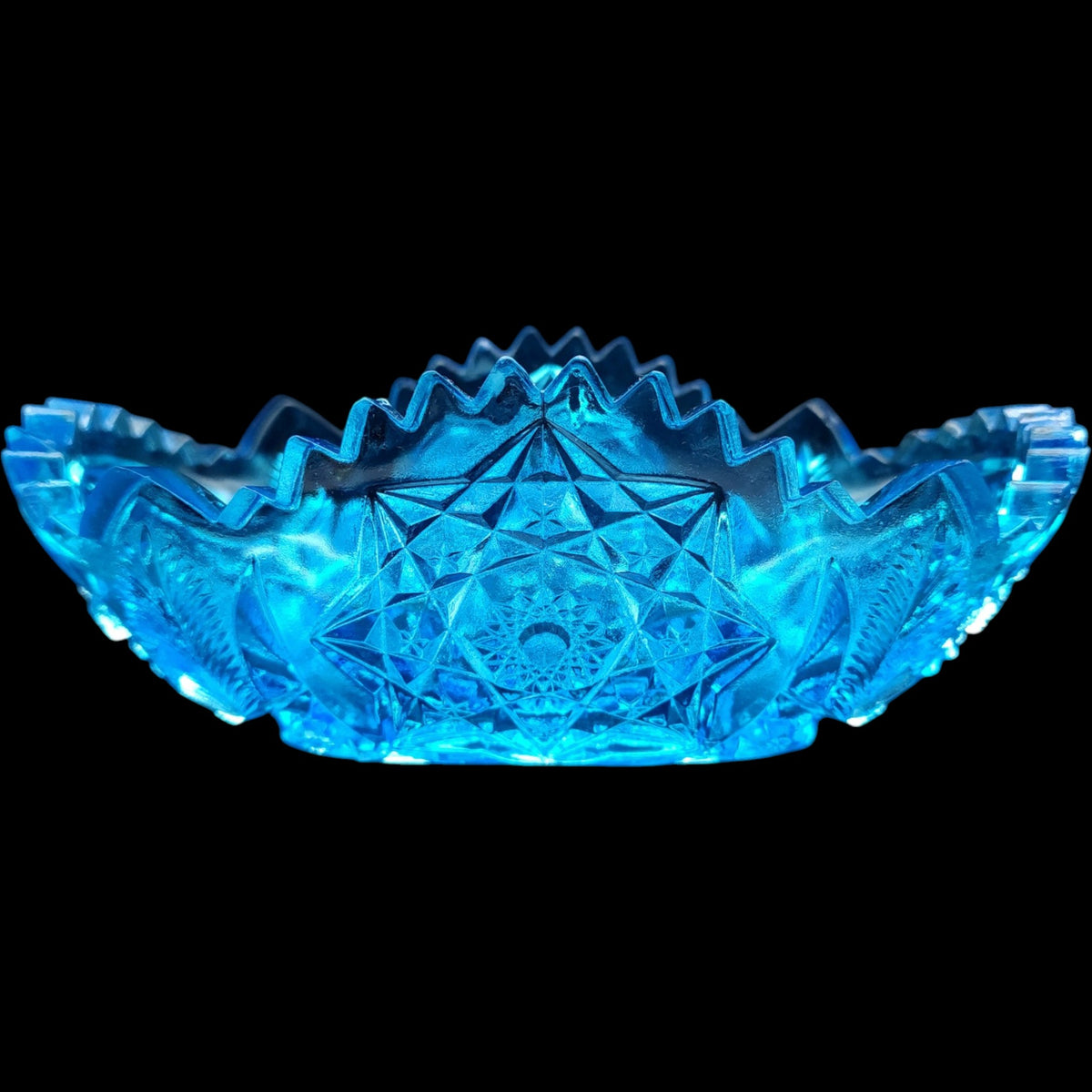 Antique Vibrant Blue Cut Glass Oval Bowl Pinwheel & Hobstar Sawtooth Dish