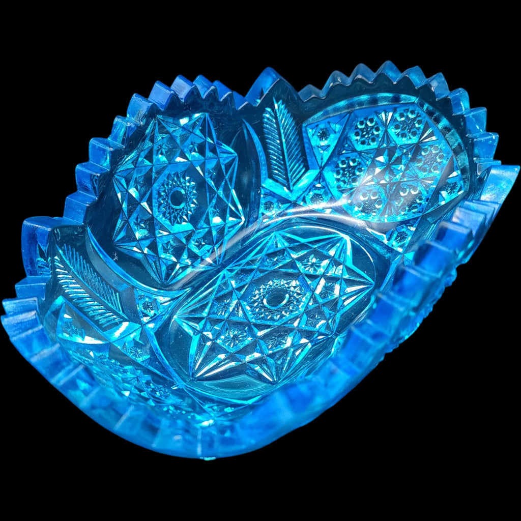 Antique Vibrant Blue Cut Glass Oval Bowl Pinwheel & Hobstar Sawtooth Dish