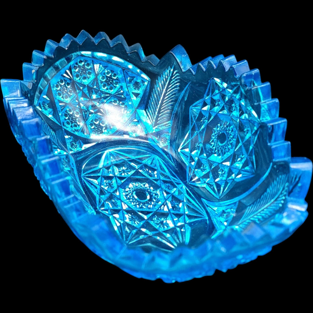 Antique Vibrant Blue Cut Glass Oval Bowl Pinwheel & Hobstar Sawtooth Dish