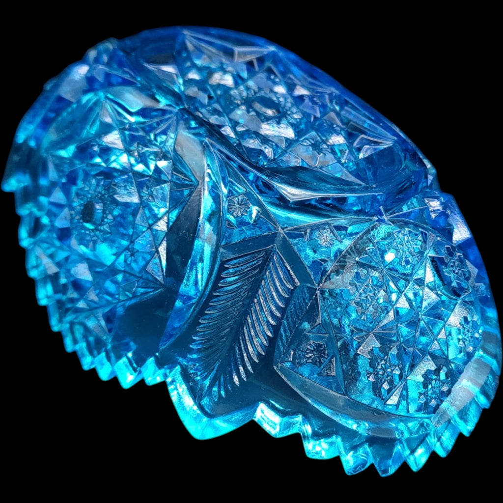 Antique Vibrant Blue Cut Glass Oval Bowl Pinwheel & Hobstar Sawtooth Dish