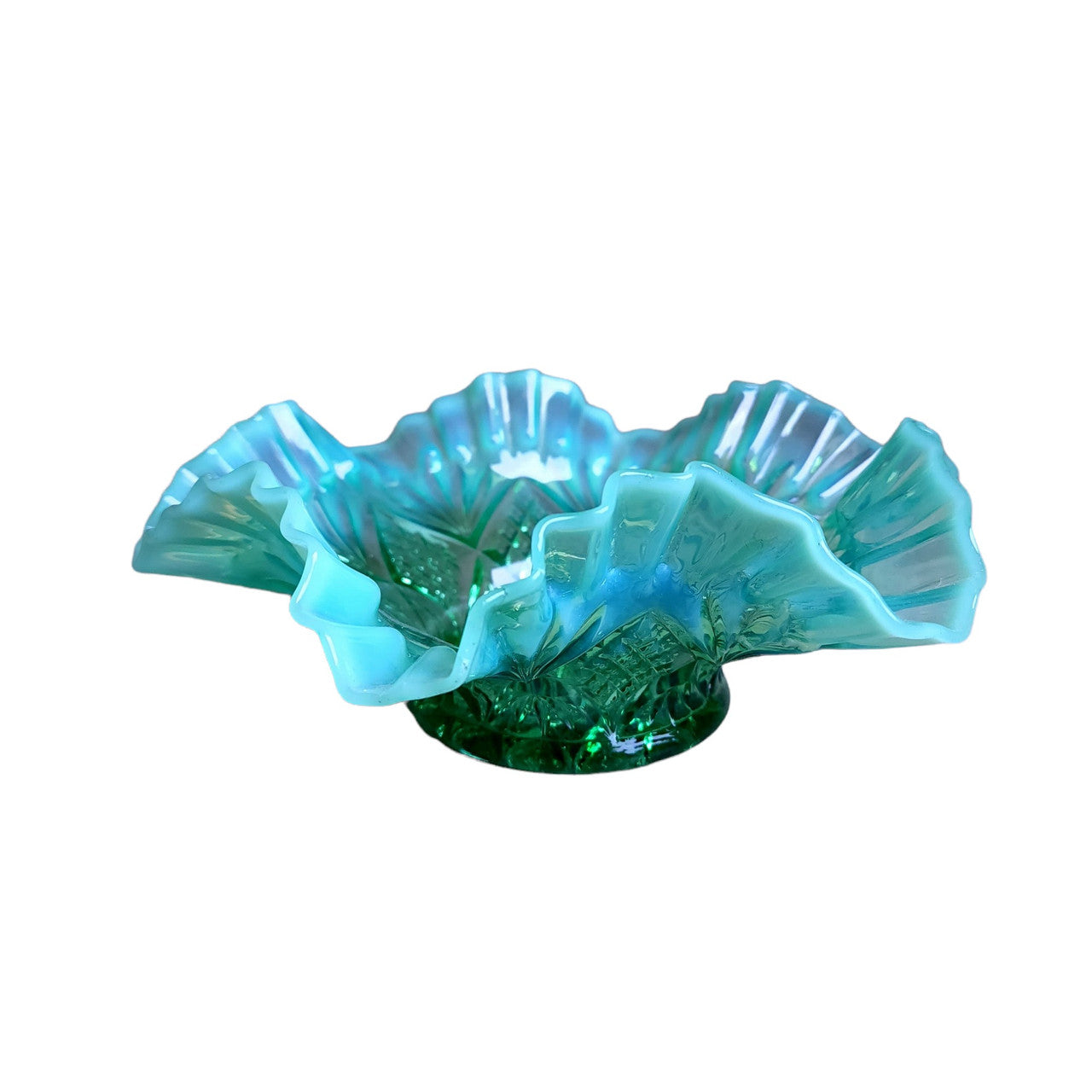 Dugan Reflecting Diamonds Green Opalescent Glass Ruffle Crimped Edge Bowl