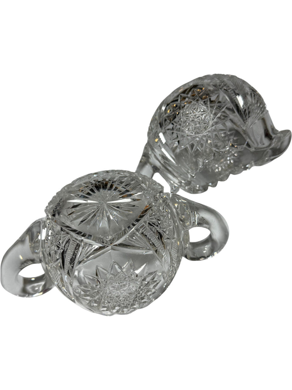 Antique American Brilliant Cut Glass Creamer & Sugar Bowl Set – ABP Heavy Crystal, Starburst & Hobstar Pattern, c.1900s