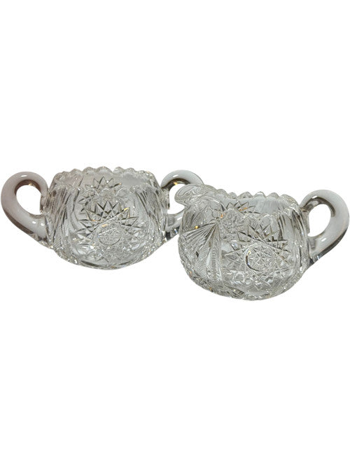 Antique American Brilliant Cut Glass Creamer & Sugar Bowl Set  ABP Heavy Crystal, Starburst & Hobstar Pattern c.1900s