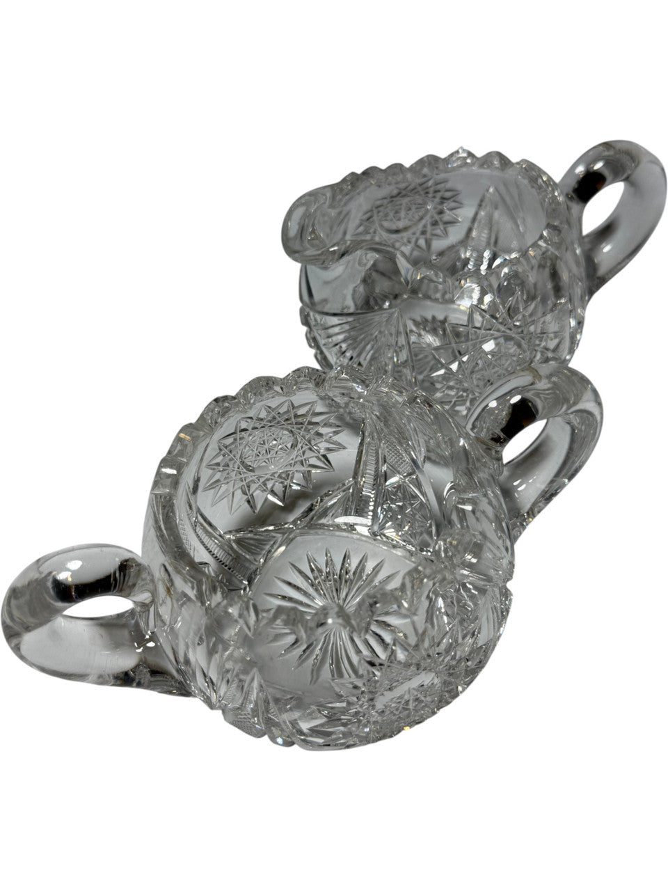Antique American Brilliant Cut Glass Creamer & Sugar Bowl Set – ABP Heavy Crystal, Starburst & Hobstar Pattern, c.1900s
