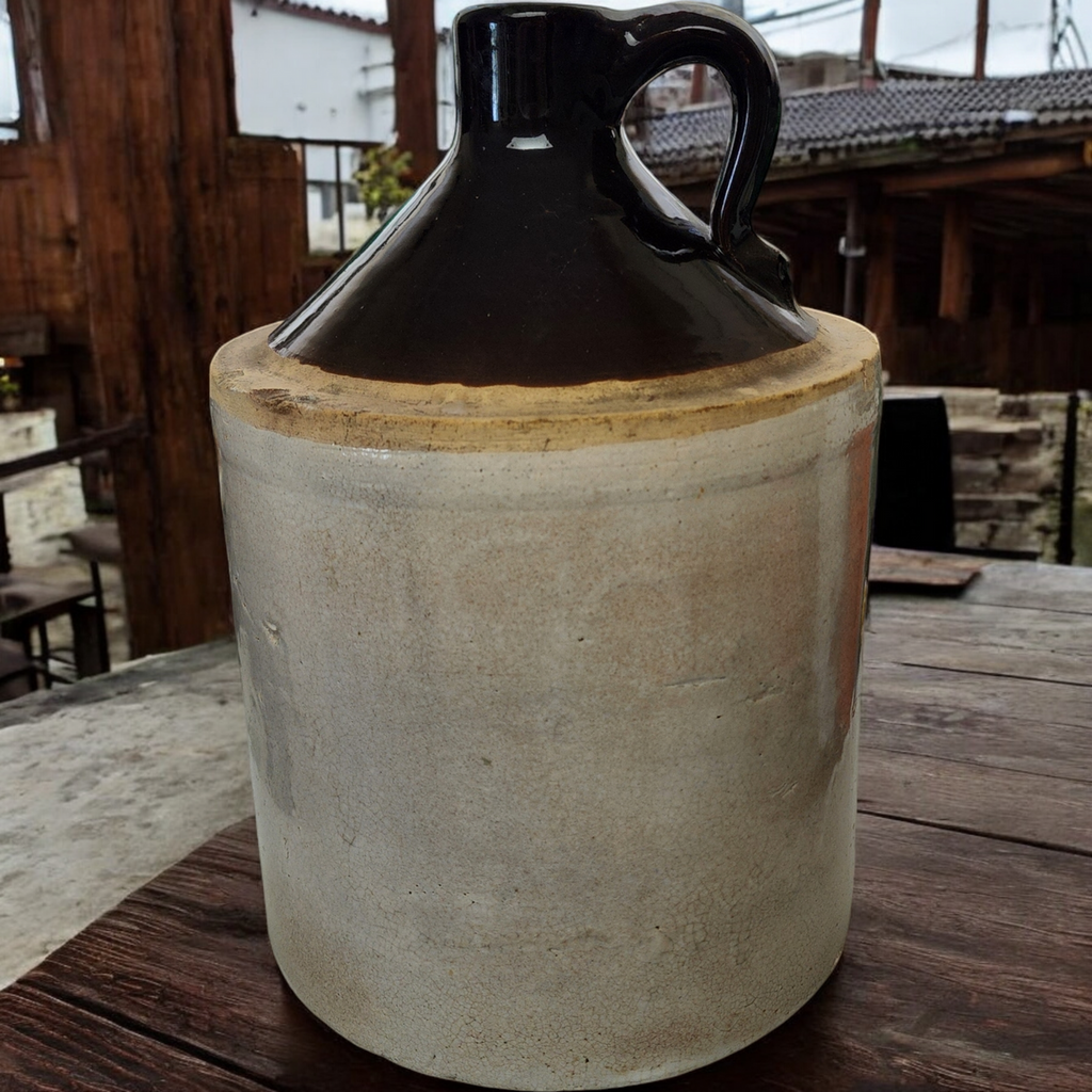 Antique American Pottery Stoneware Two-Tone Brown Glazed Top Crock Jug with Handle