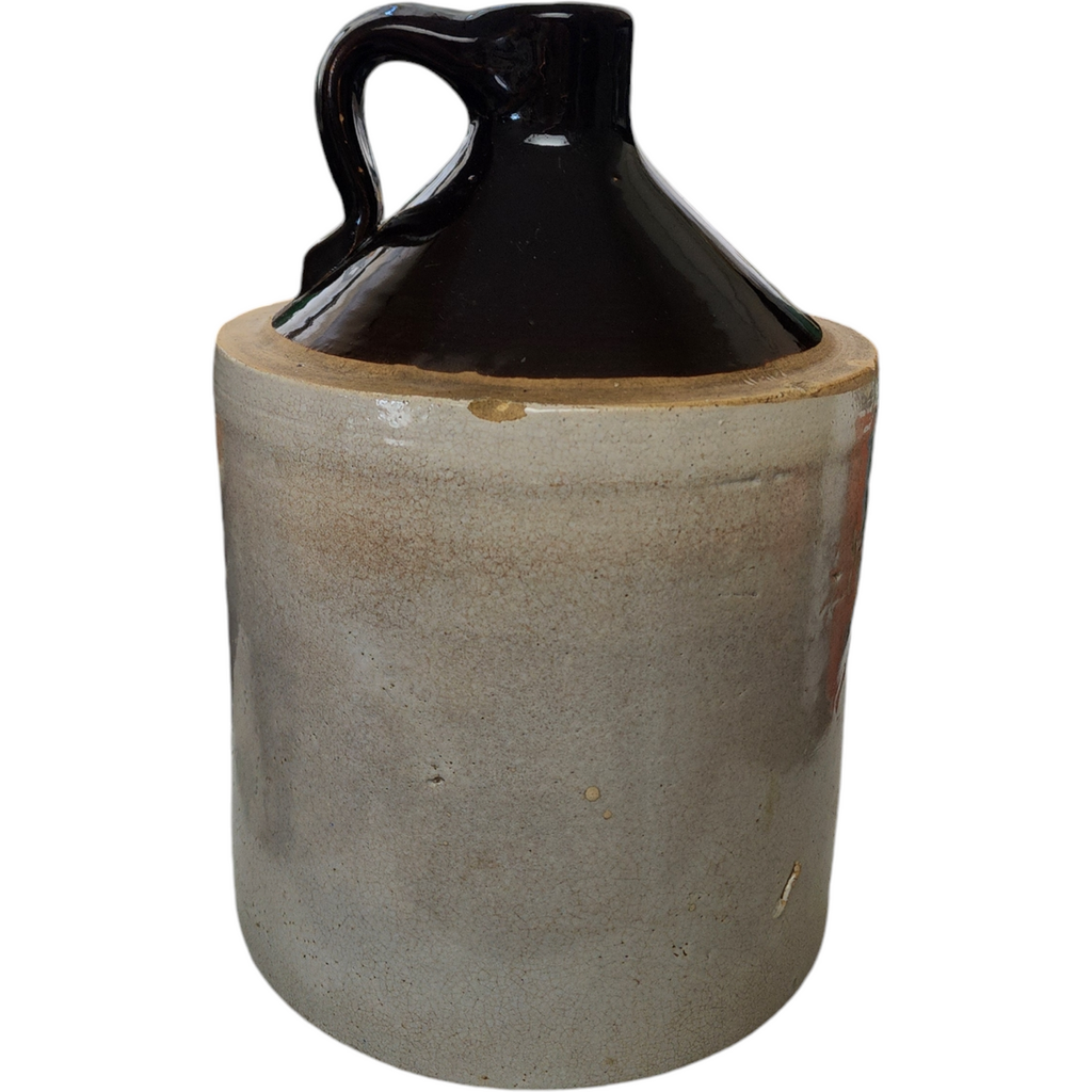 Antique American Pottery Stoneware Two-Tone Brown Glazed Top Crock Jug with Handle