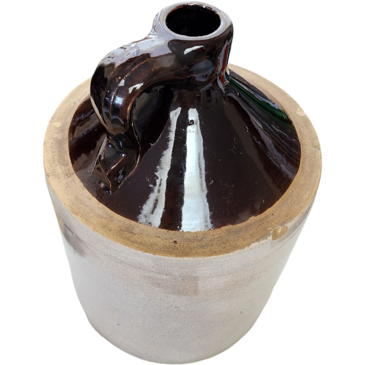 Antique American Pottery Stoneware Two-Tone Brown Glazed Top Crock Jug with Handle