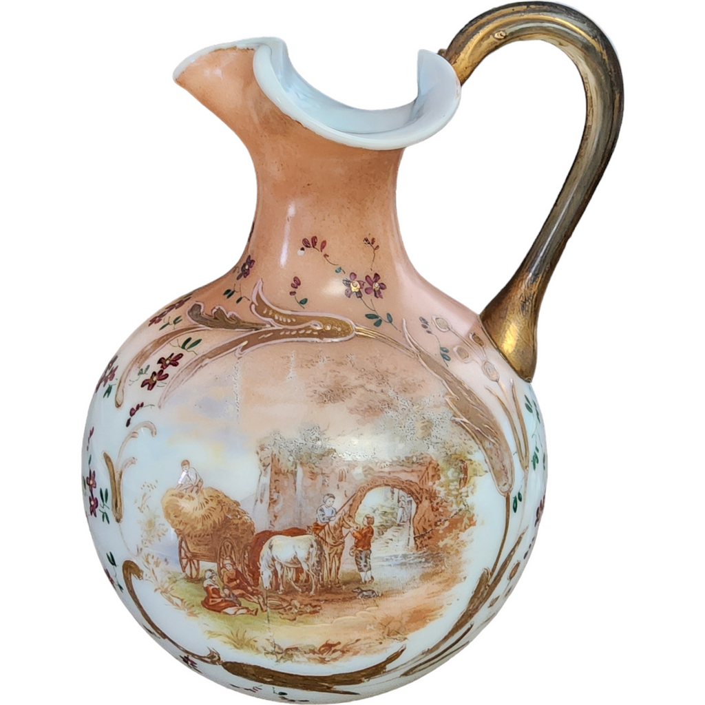 Antique Baccarat School Opaline Farm Scene Hand Blown Pitcher Vase Hand Painted
