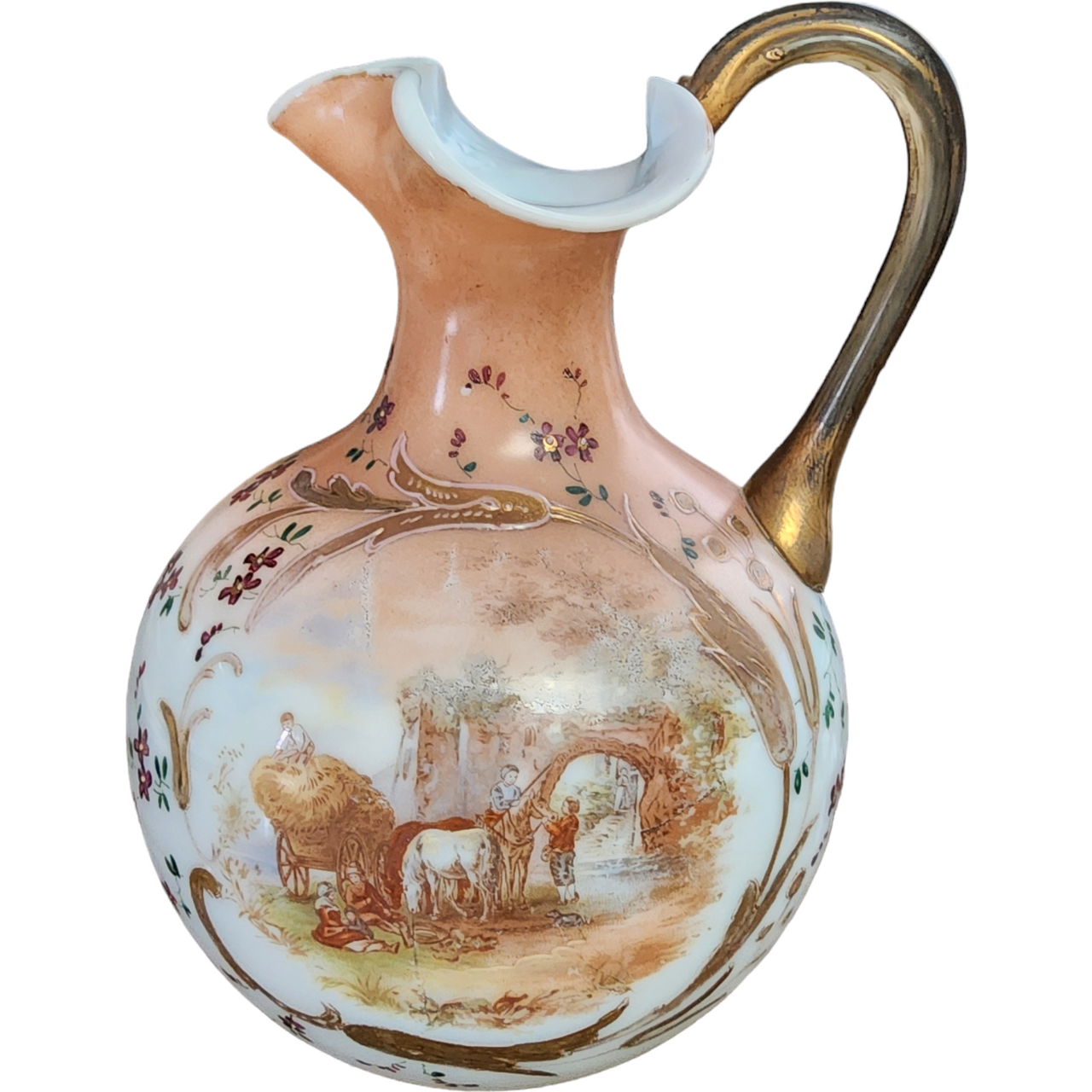 Antique Baccarat School Opaline Farm Scene Hand Blown Pitcher Vase Hand Painted