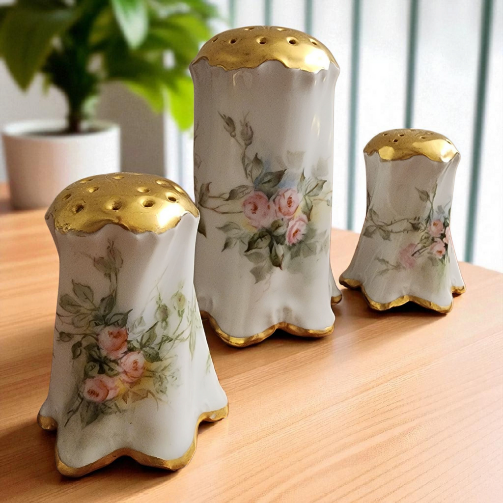 Antique Bavaria Hand Painted Porcelain Shaker Set Pink Roses & Gold Gilt, 3 Piece Salt, Pepper & Muffineer