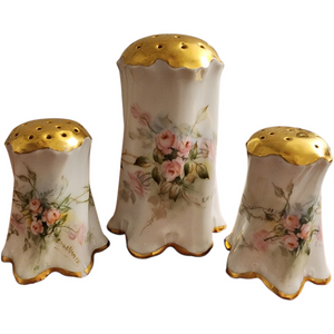 Antique Bavaria Hand Painted Porcelain Shaker Set Pink Roses & Gold Gilt, 3 Piece Salt, Pepper & Muffineer