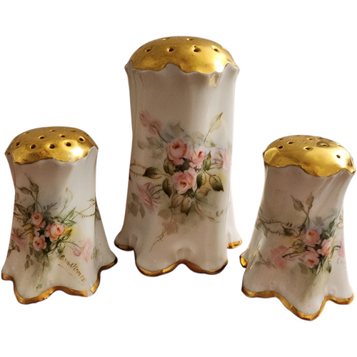 Antique Bavaria Hand Painted Porcelain Shaker Set Pink Roses & Gold Gilt, 3 Piece Salt, Pepper & Muffineer