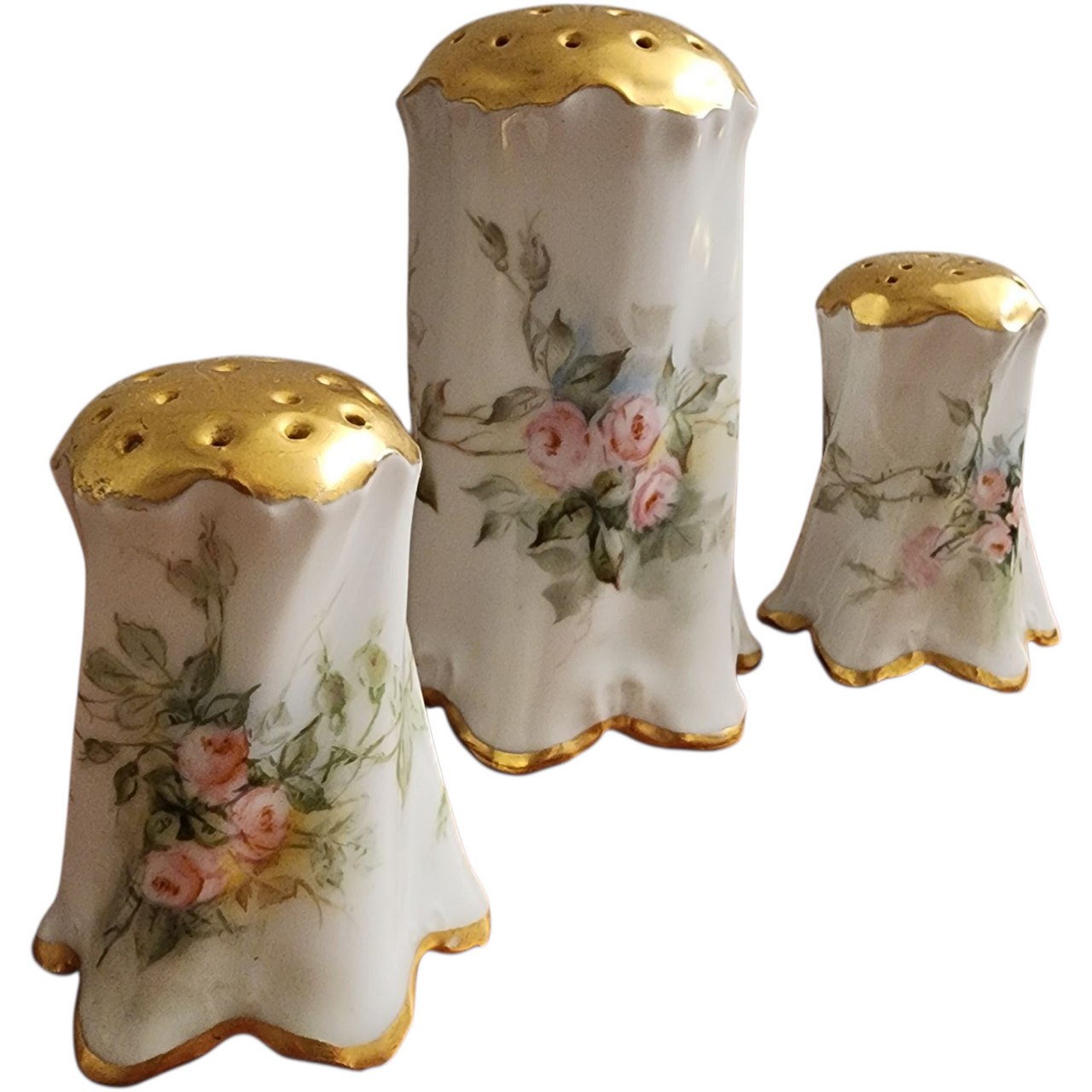 Antique Bavaria Hand Painted Porcelain Shaker Set Pink Roses & Gold Gilt, 3 Piece Salt, Pepper & Muffineer