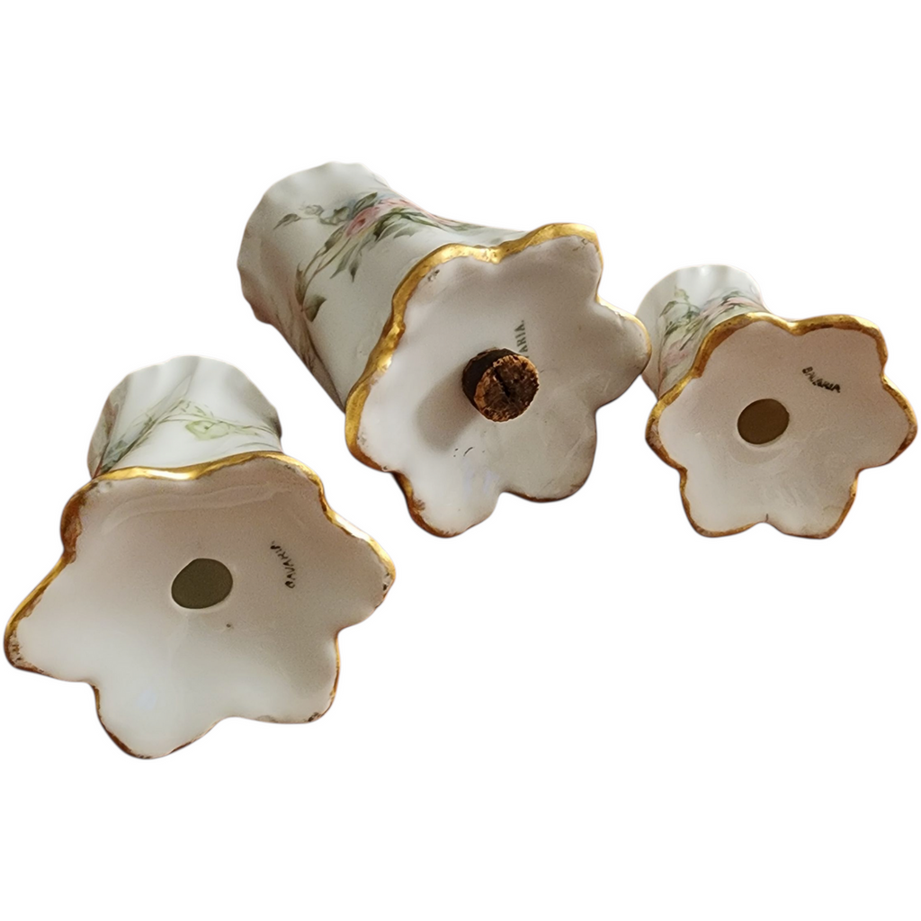 Antique Bavaria Hand Painted Porcelain Shaker Set Pink Roses & Gold Gilt, 3 Piece Salt, Pepper & Muffineer