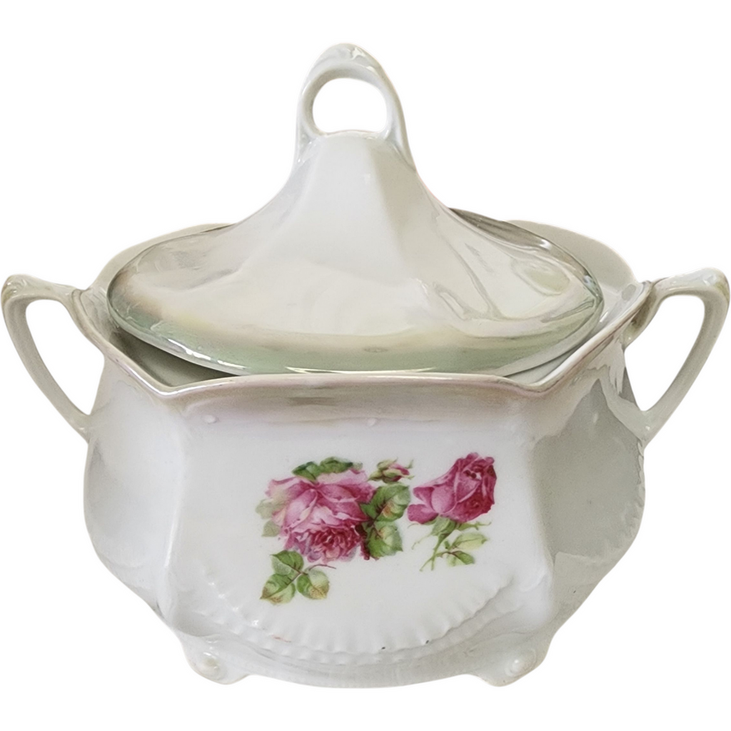 Antique Bavarian Porcelain Sugar Bowl with Lid Pink Rose Floral Made in Bavaria c.1900–1930s