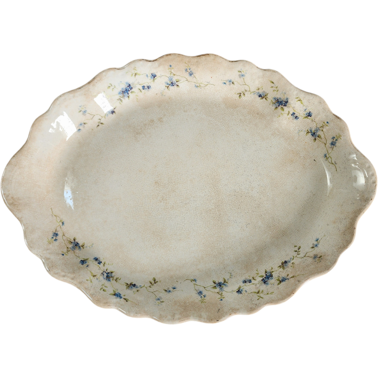 Antique Buffalo Pottery Oval Platter Scalloped Rim with Blue Floral Sprays, Early 1900s