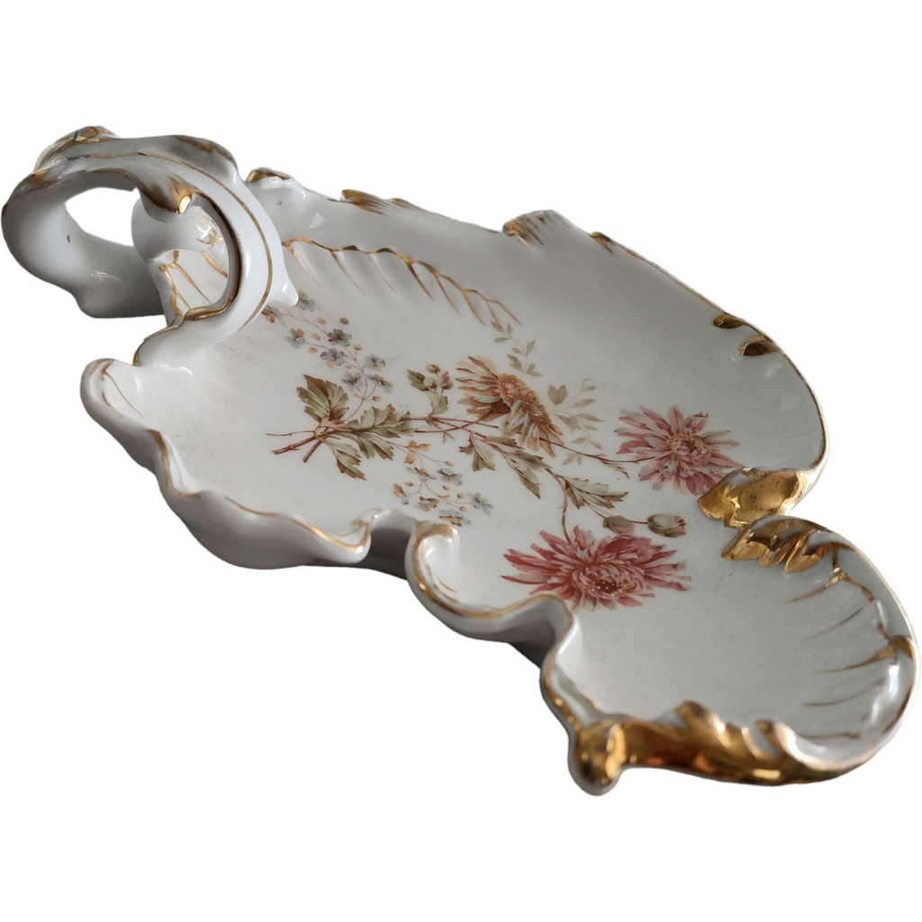 Antique Carl Tielsch C.T. Altwasser Porcelain Leaf Dish with Handle Hand-Painted Floral & Gold Gilded Circa 1890–191