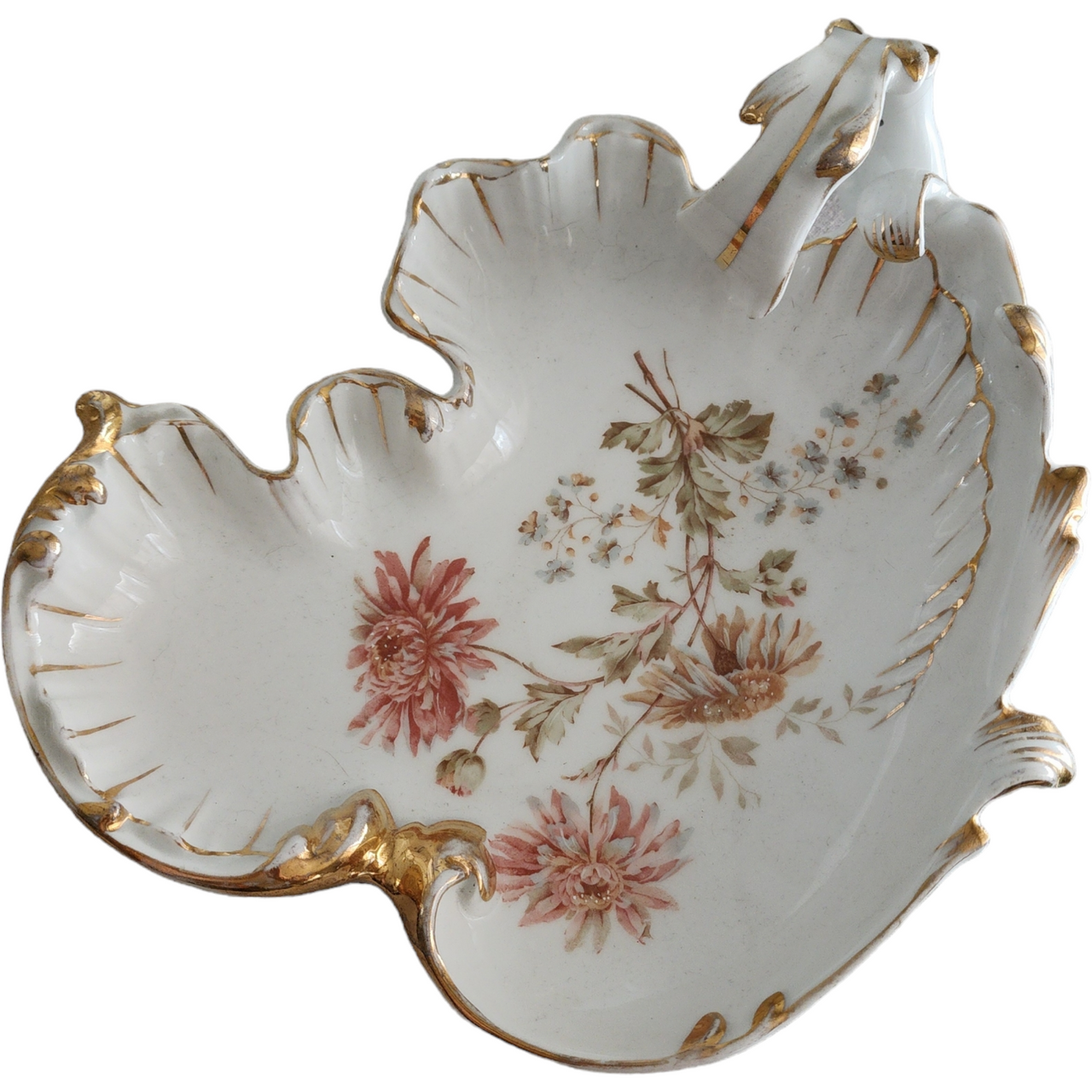 Antique Carl Tielsch C.T. Altwasser Porcelain Leaf Dish with Handle Hand-Painted Floral & Gold Gilded Circa 1890–191