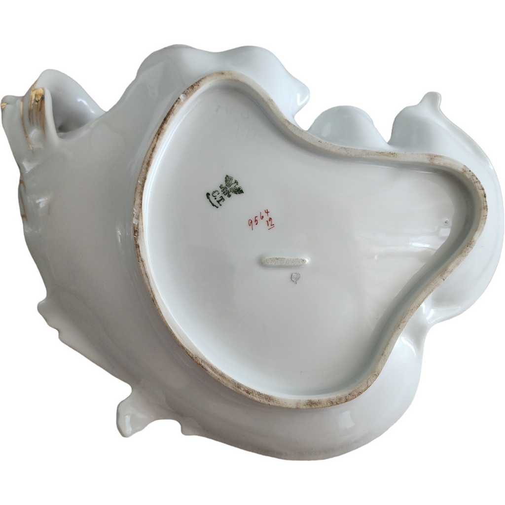 Antique Carl Tielsch C.T. Altwasser Porcelain Leaf Dish with Handle Hand-Painted Floral & Gold Gilded Circa 1890–191