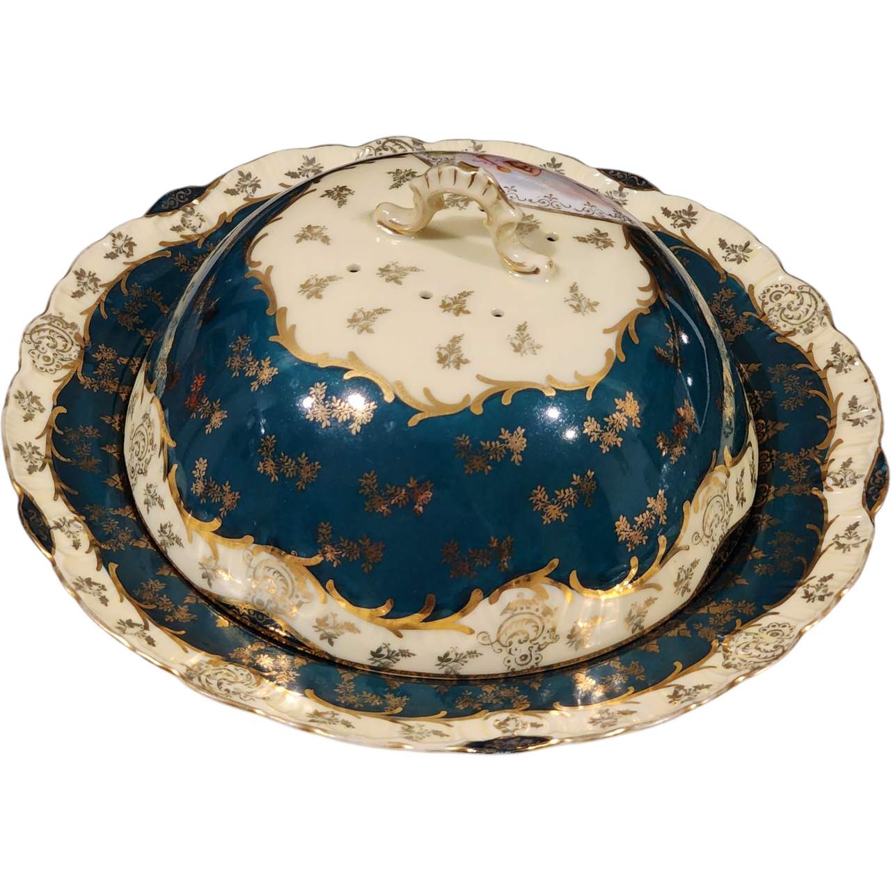 Antique Carlsbad Austria Porcelain Covered Cheese Dish Hand Painted Classical Scene Green & Gold, c.1890s