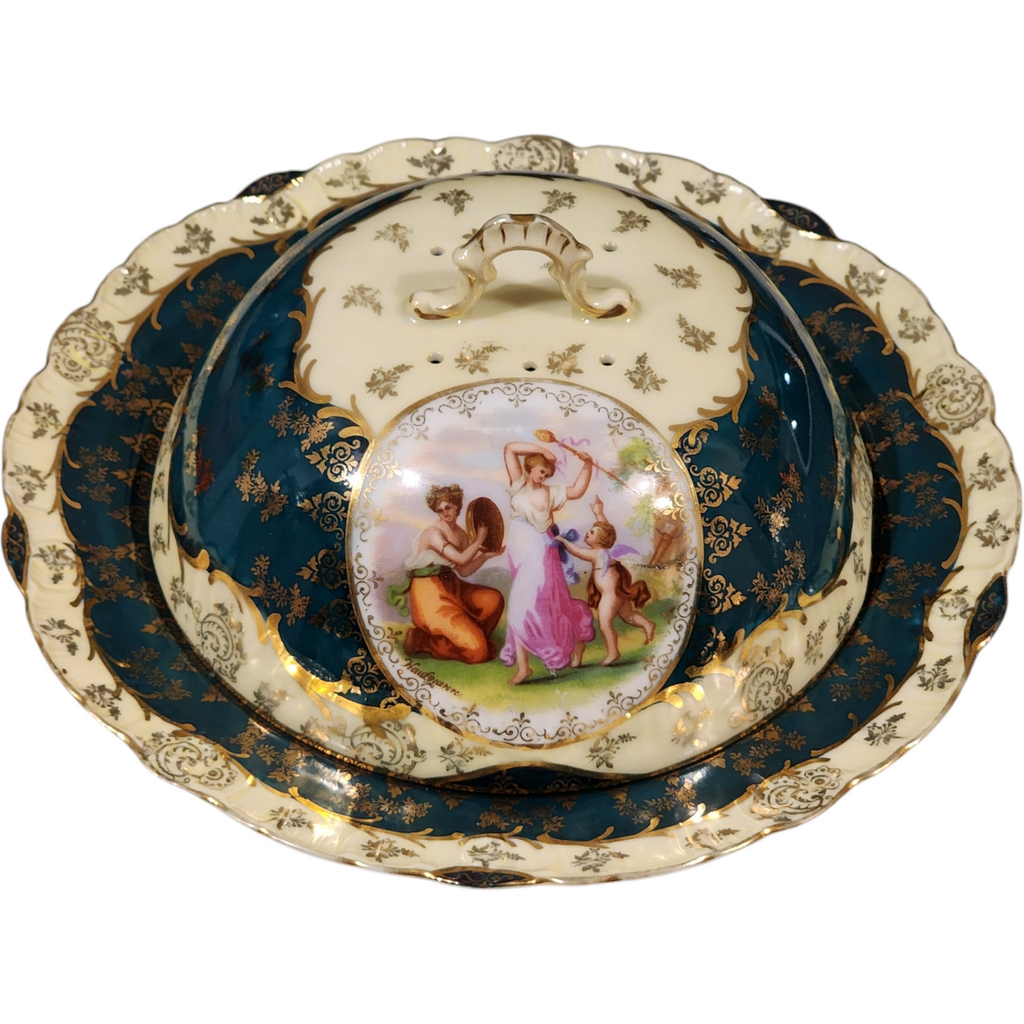 Antique Carlsbad Austria Porcelain Covered Cheese Dish Hand Painted Classical Scene Green & Gold, c.1890s