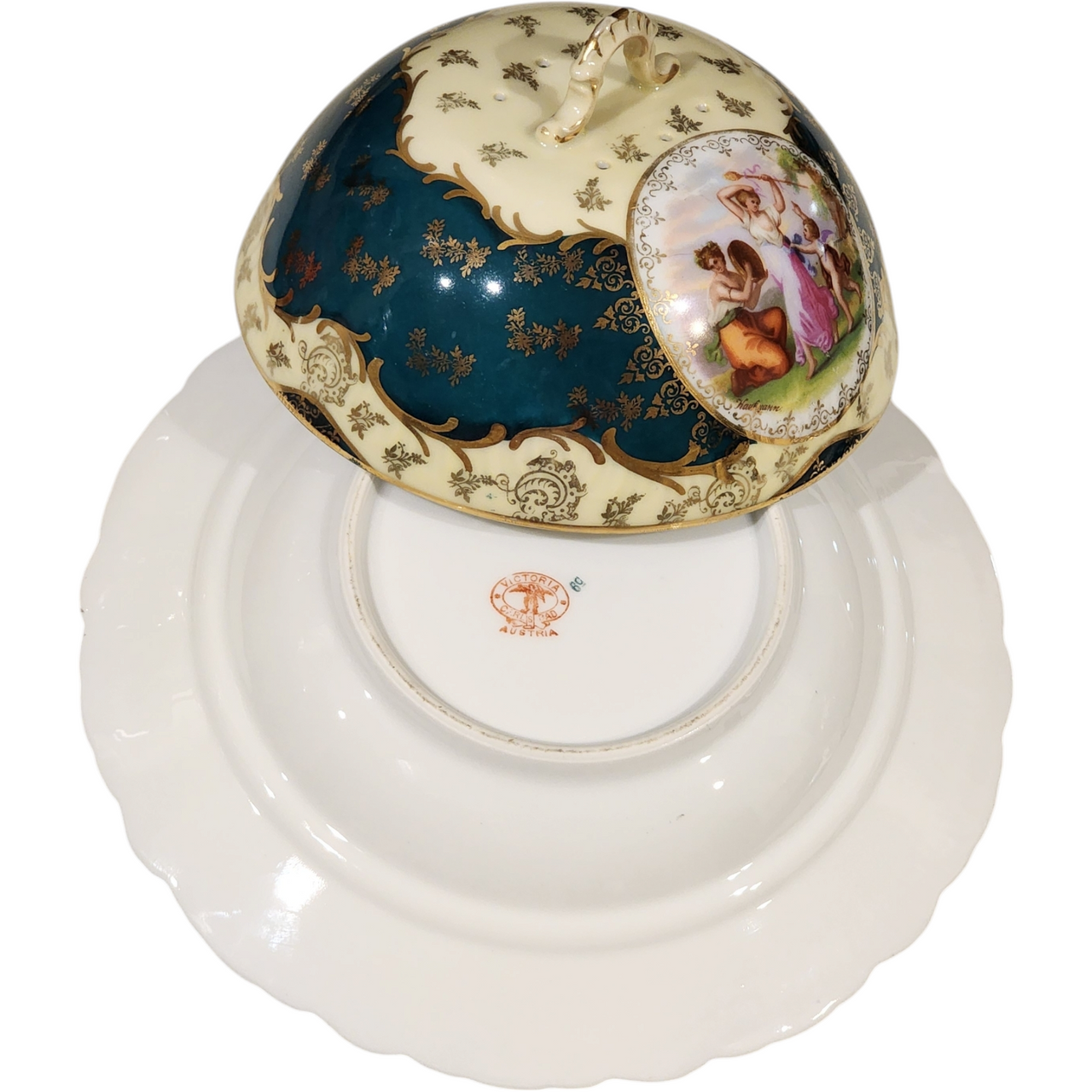 Antique Carlsbad Austria Porcelain Covered Cheese Dish Hand Painted Classical Scene Green & Gold, c.1890s