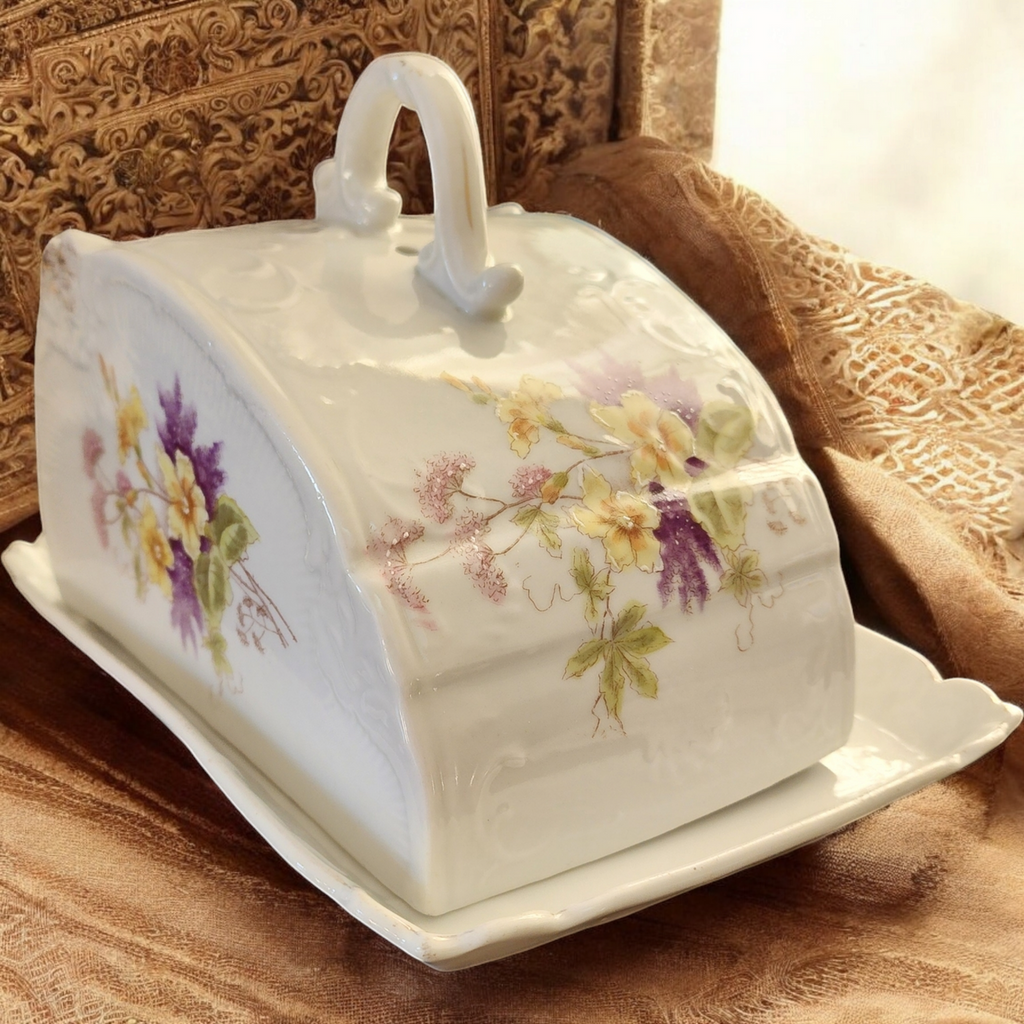 Large Cheese Dome Butter Dish  Hand Painted Flowers Bonn Germany