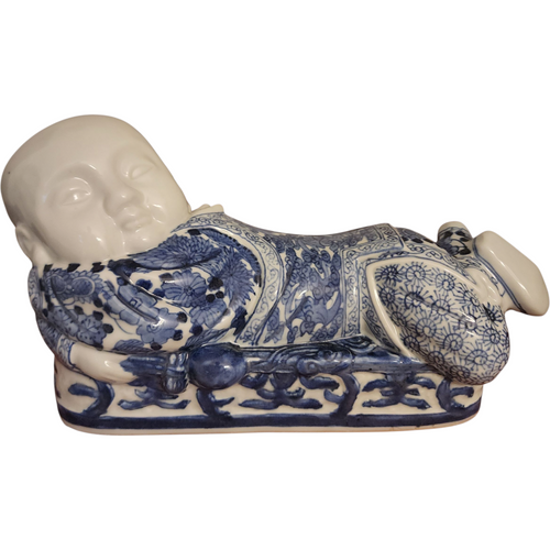 Antique Chinese Blue & White Porcelain Reclining Boy Pillow Qing Hand-Painted Figurine