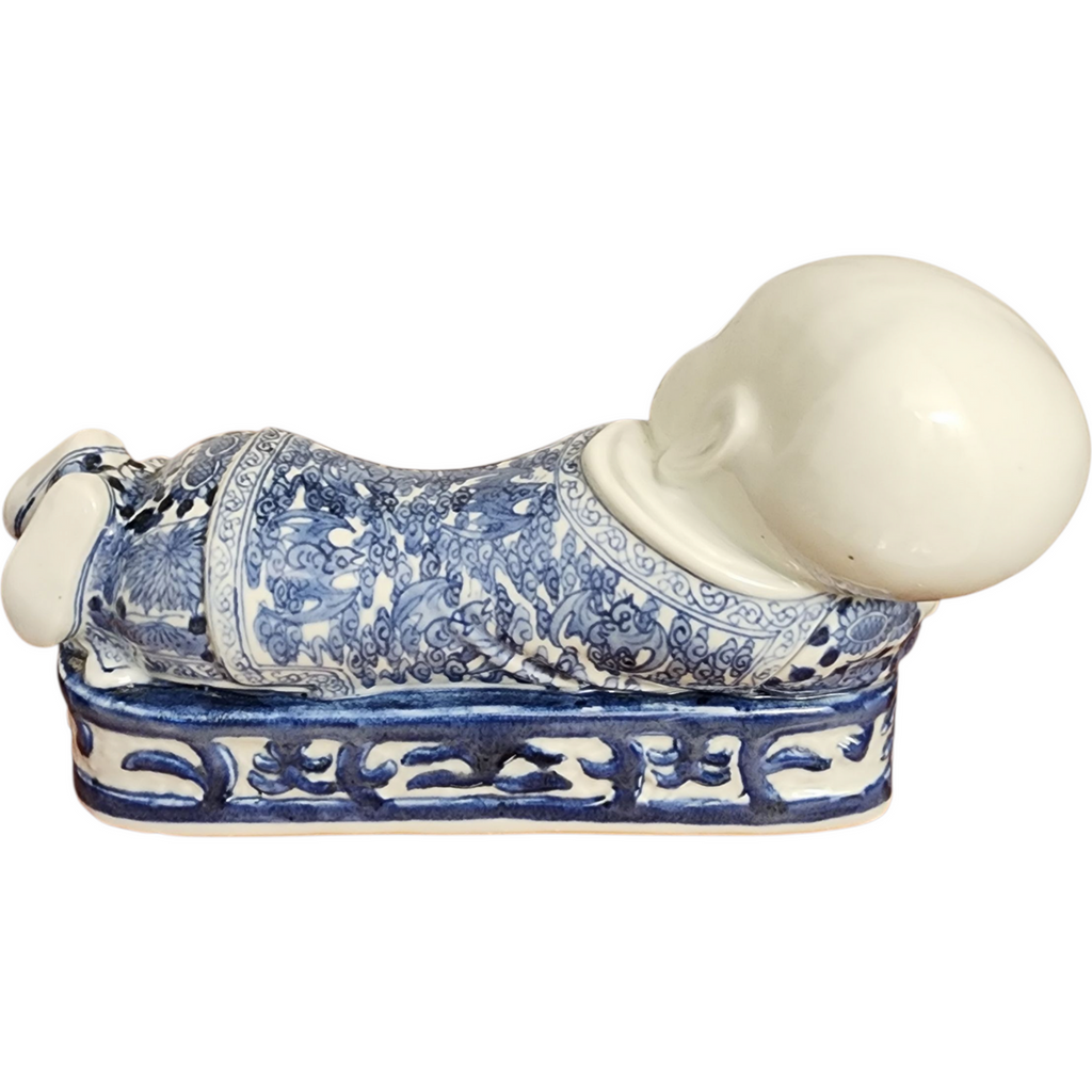 Antique Chinese Blue & White Porcelain Reclining Boy Pillow Qing Hand-Painted Figurine
