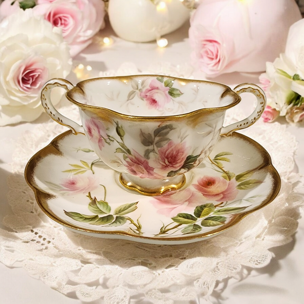 Antique Crown Staffordshire Double Handle Soup Cup & Saucer Pink Roses Gold Trim England